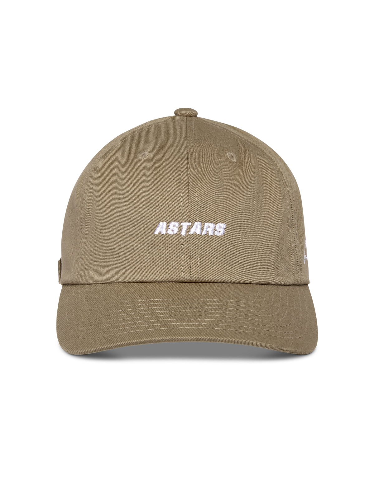 Gorra Alpinestars Deduce Strapback, color caqui, corona baja no estructurada con visera curva, bordado blanco de la palabra Astars en el frente, tejido de sarga de algodón, estilo casual inspirado en el automovilismo