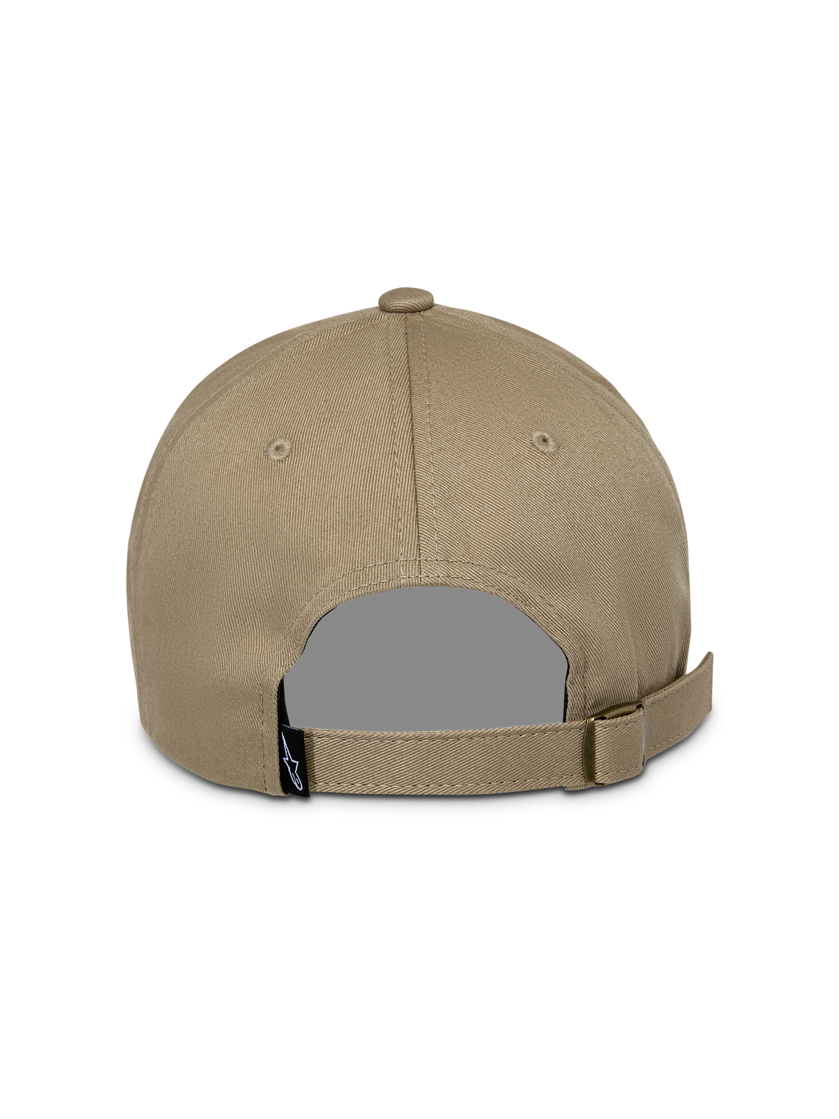 Gorra Alpinestars Deduce Strapback, caqui, vista trasera con correa ajustable y hebilla metálica, con una pequeña etiqueta negra con el logo, accesorio casual de sarga de algodón