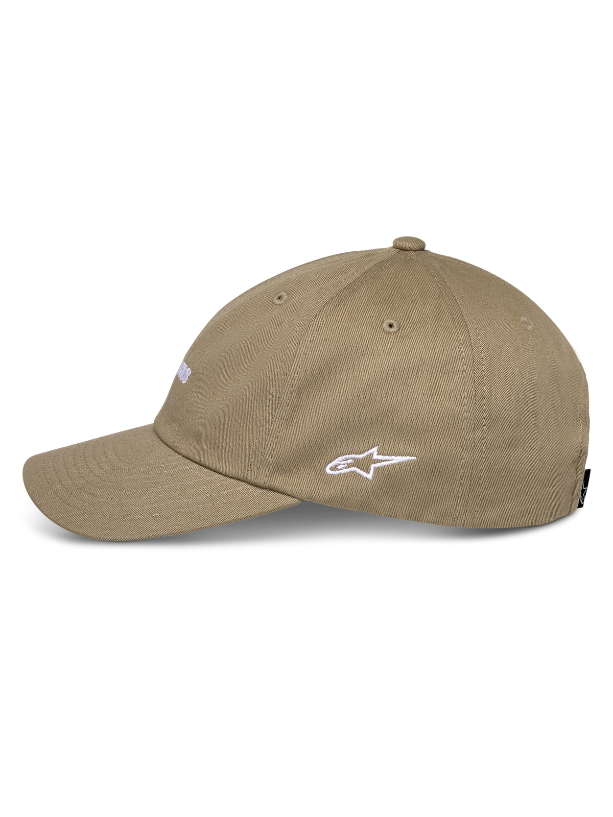 Gorra Alpinestars Deduce Strapback, color caqui, vista de perfil con el logotipo Astars bordado en blanco, visera curva, construcción en sarga de algodón, estilo urbano casual de automovilismo