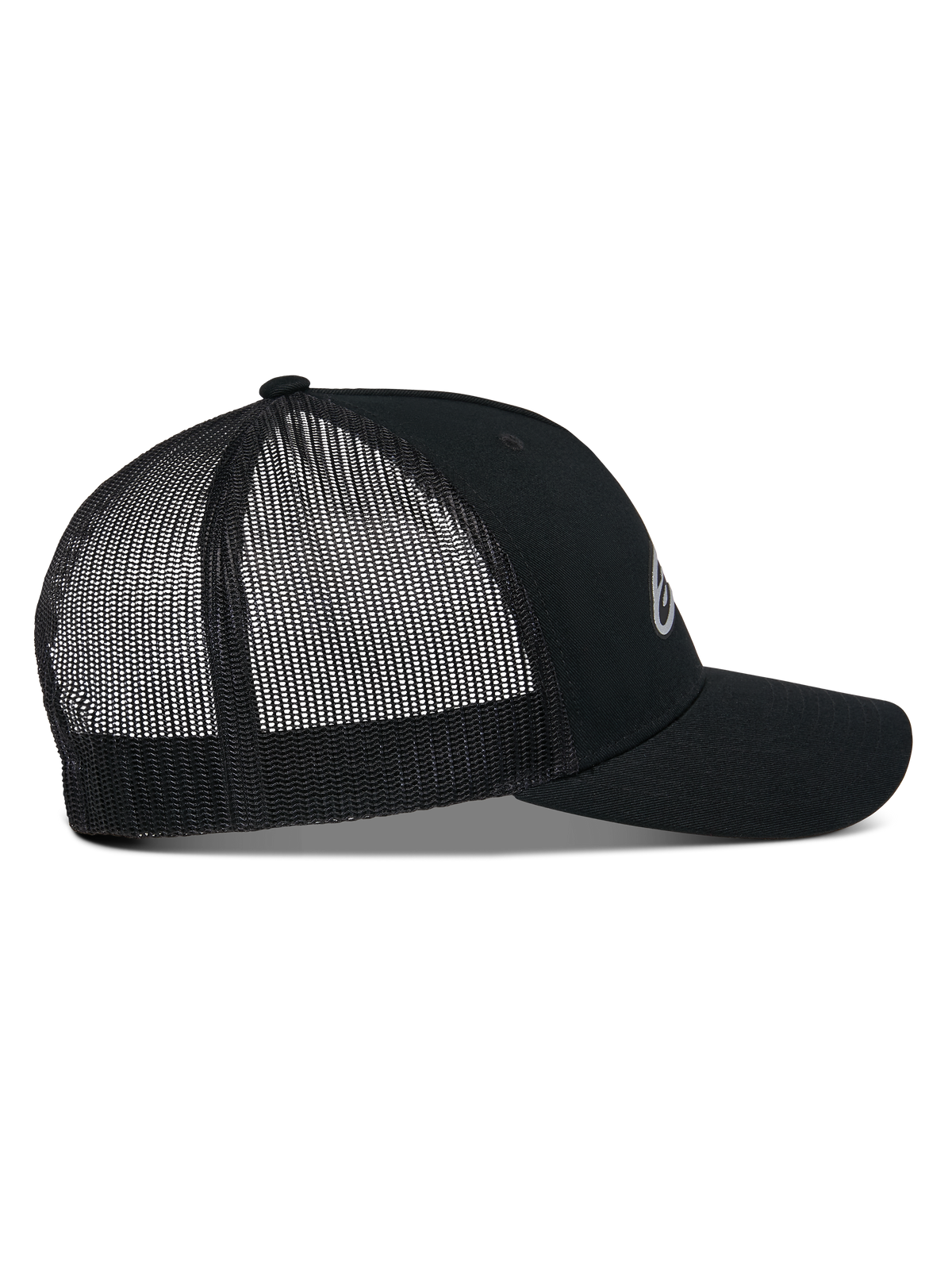 Alpinestars Reflect Ageless Trucker Hat, side profile view, Black, featuring a structured crown, curved bill, and breathable mesh back panels, reflective front logo, casual motorsport-inspired headwear