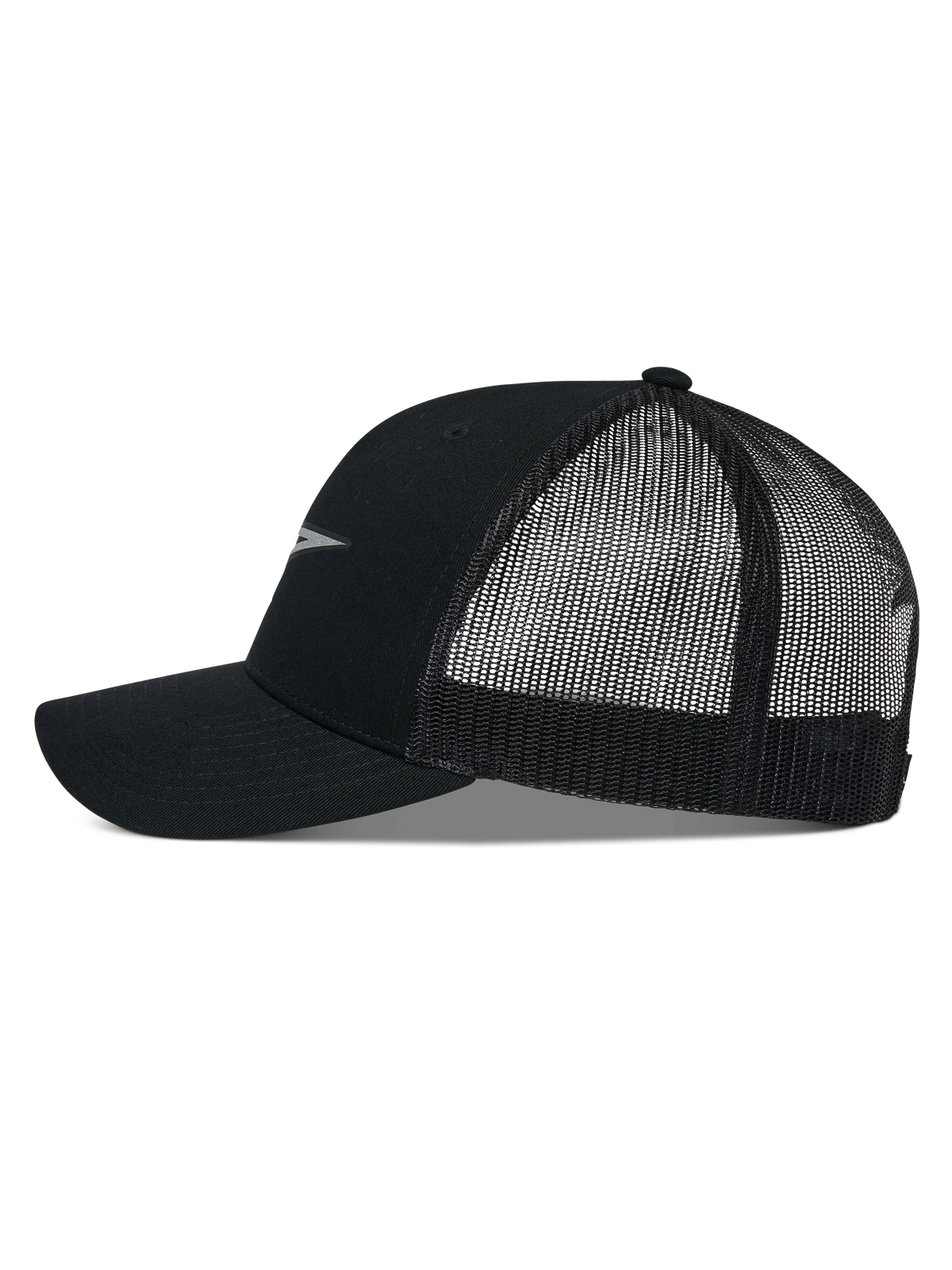 Gorra Trucker Alpinestars Reflect Ageless, perfil lateral, negra, visera curva con corona estructurada, paneles de malla transpirable en la parte posterior, detalle de logotipo reflectante, accesorio casual de estilo motorsport