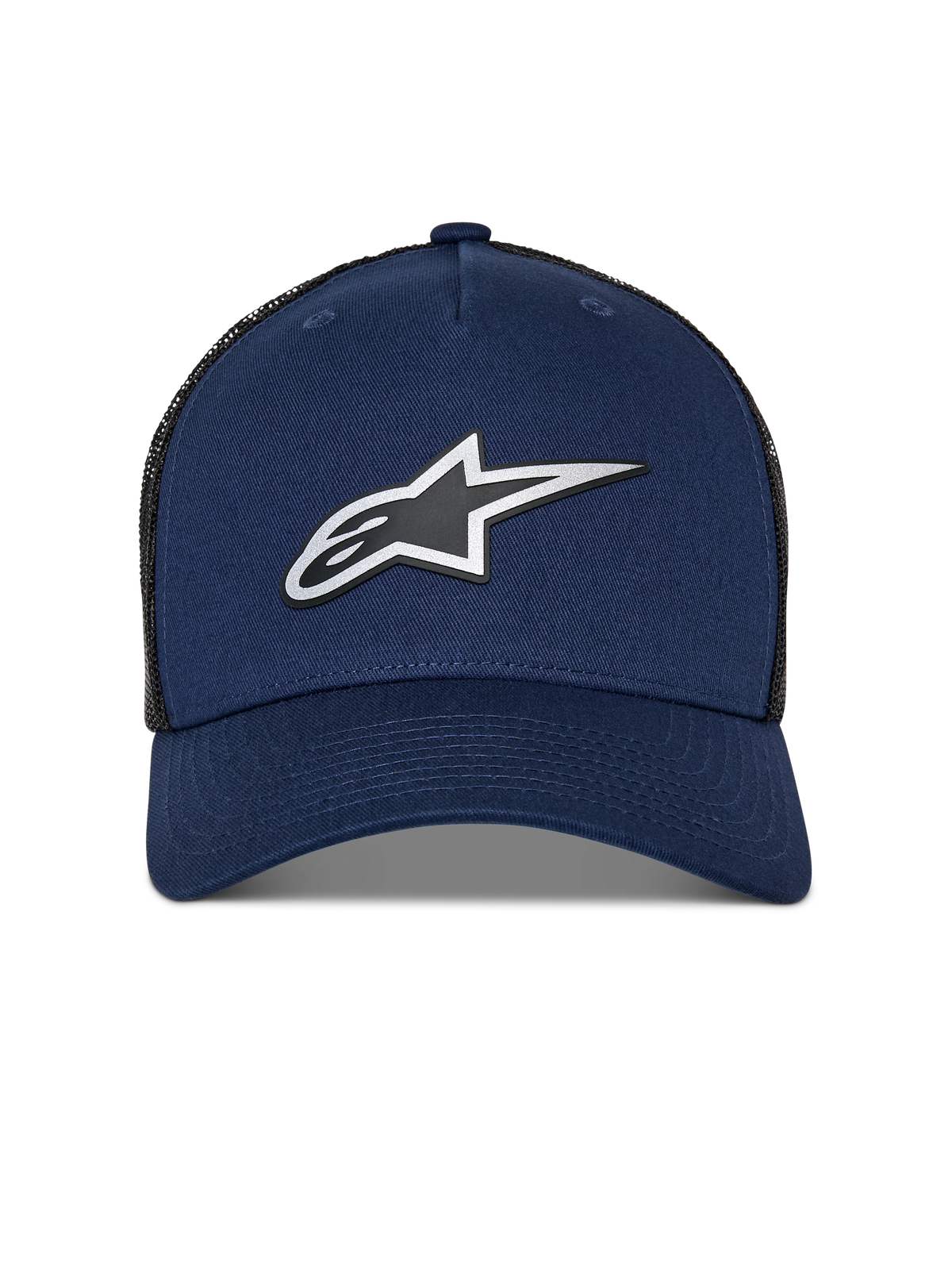 Gorra Alpinestars Reflect Ageless Trucker, azul marino y malla negra, logotipo Astars reflectante HD frontal, visera curva, corona estructurada, accesorio de cabeza casual de estilo motorsport