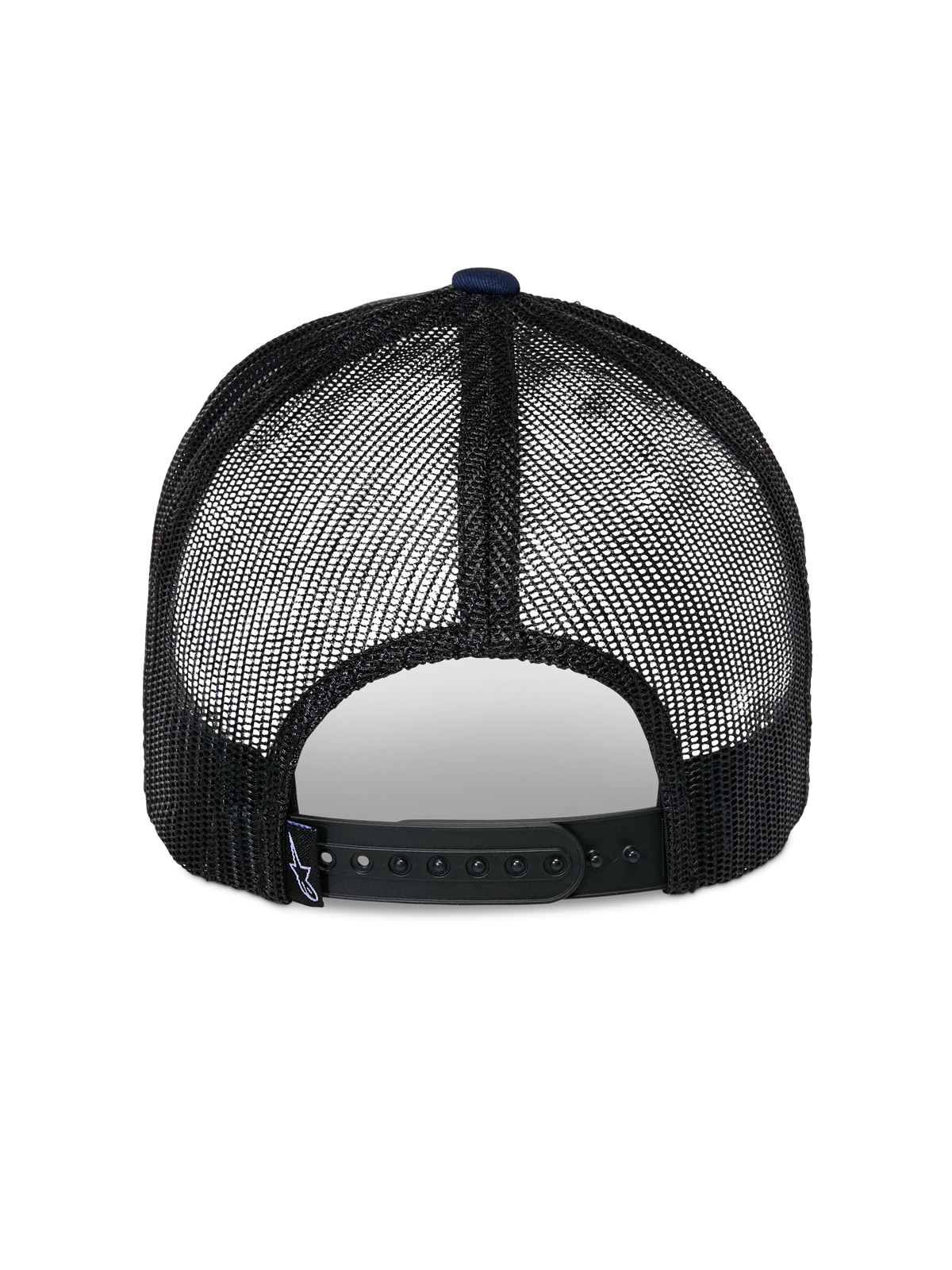 Alpinestars Reflect Ageless Trucker Hat, vista posterior, azul marino y negro, con paneles de malla negra transpirable y un cierre snapback ajustable, accesorio casual de automovilismo