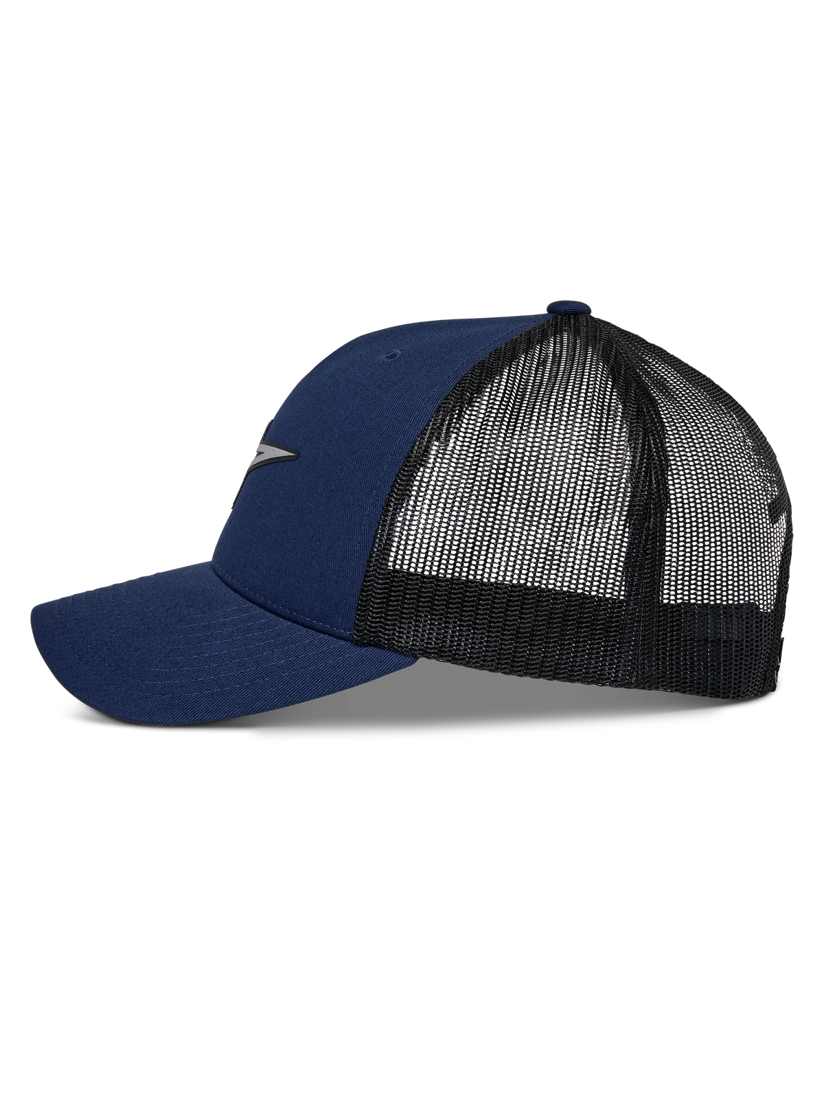 Gorra Trucker Alpinestars Reflect Ageless, azul marino y negro, perfil lateral que muestra la visera curva y la parte trasera de malla, logotipo Astars reflectante en la parte frontal, accesorio casual de estilo deportivo