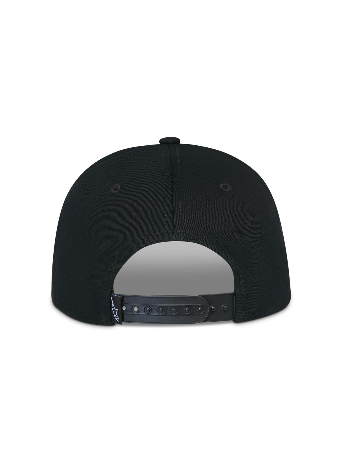 Alpinestars Thickness Snapback Hat, Black, back view showing the adjustable snapback closure, black plastic strap with small white Astars logo tag, structured cotton twill crown, casual sportswear