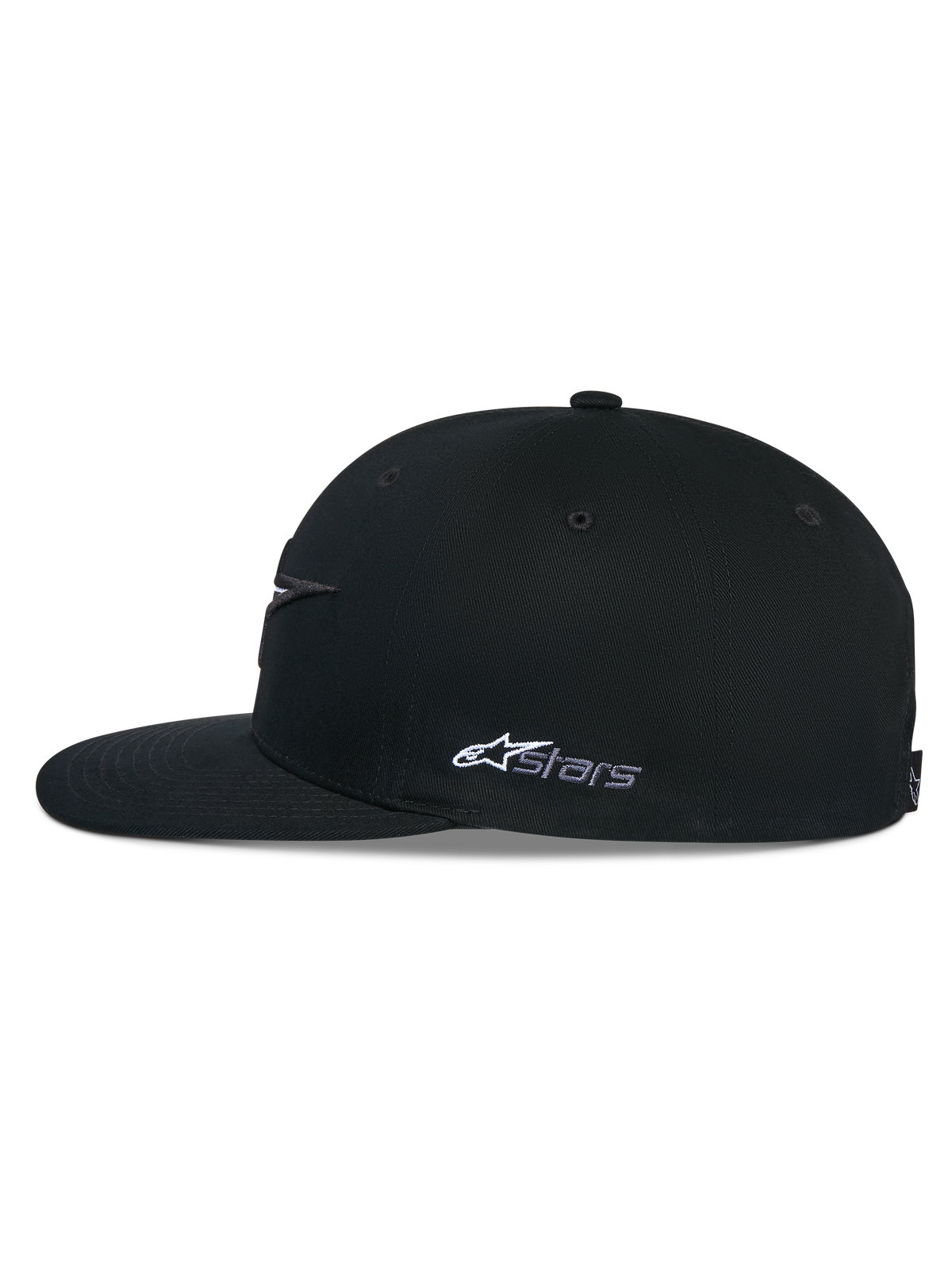 Alpinestars Thickness Snapback Hat, Black, side profile view showing a structured crown and flat bill, white Astars side logo embroidery, casual motorsport-inspired headwear