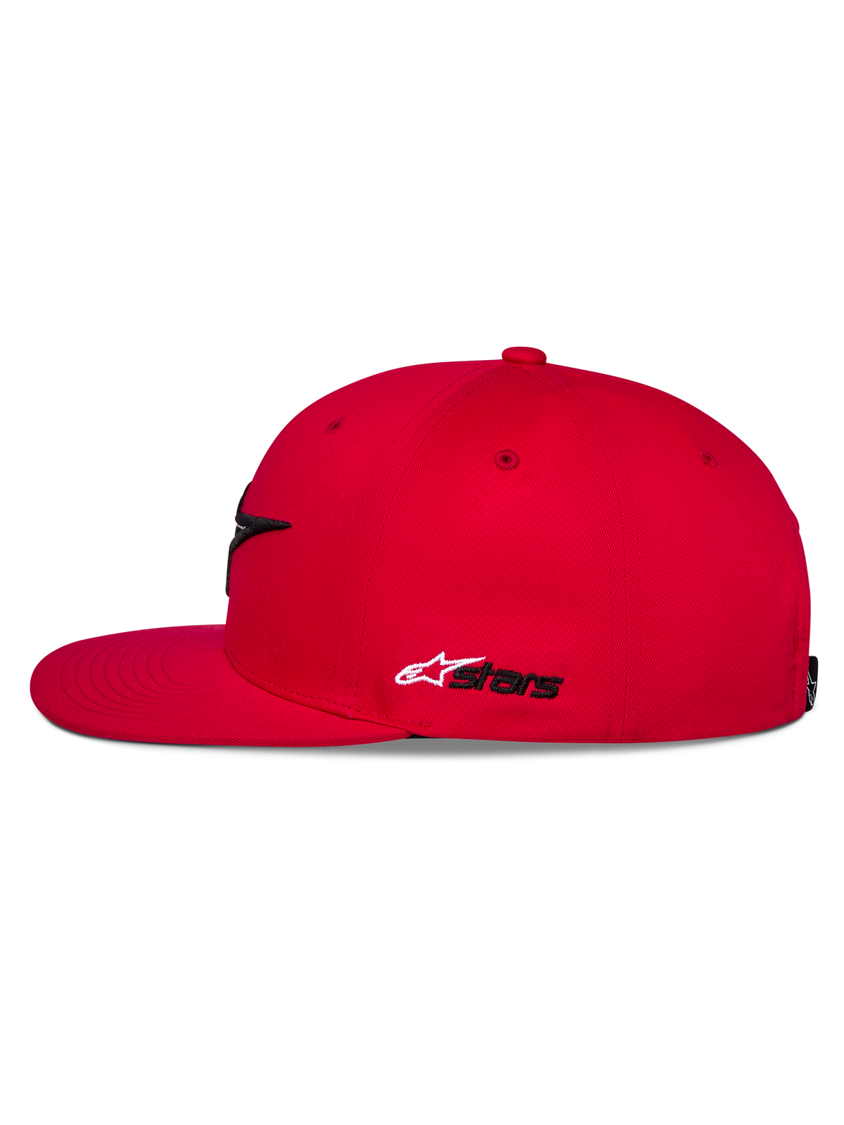 Alpinestars Thickness Snapback Hat, Red, side view, flat bill and structured crown, white and black Astars side embroidery, casual motorsport-inspired headwear