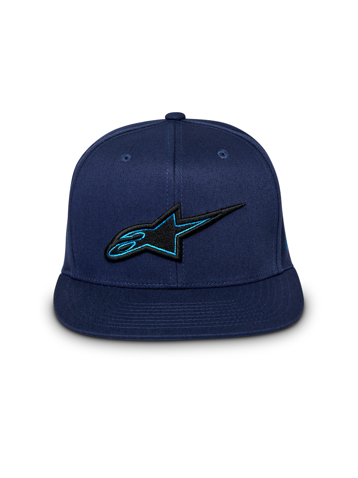 Gorra Alpinestars Thickness Snapback, gorra azul marino, vista frontal, logo Astars bordado en 3D negro y azul, visera plana, ropa urbana casual de automovilismo