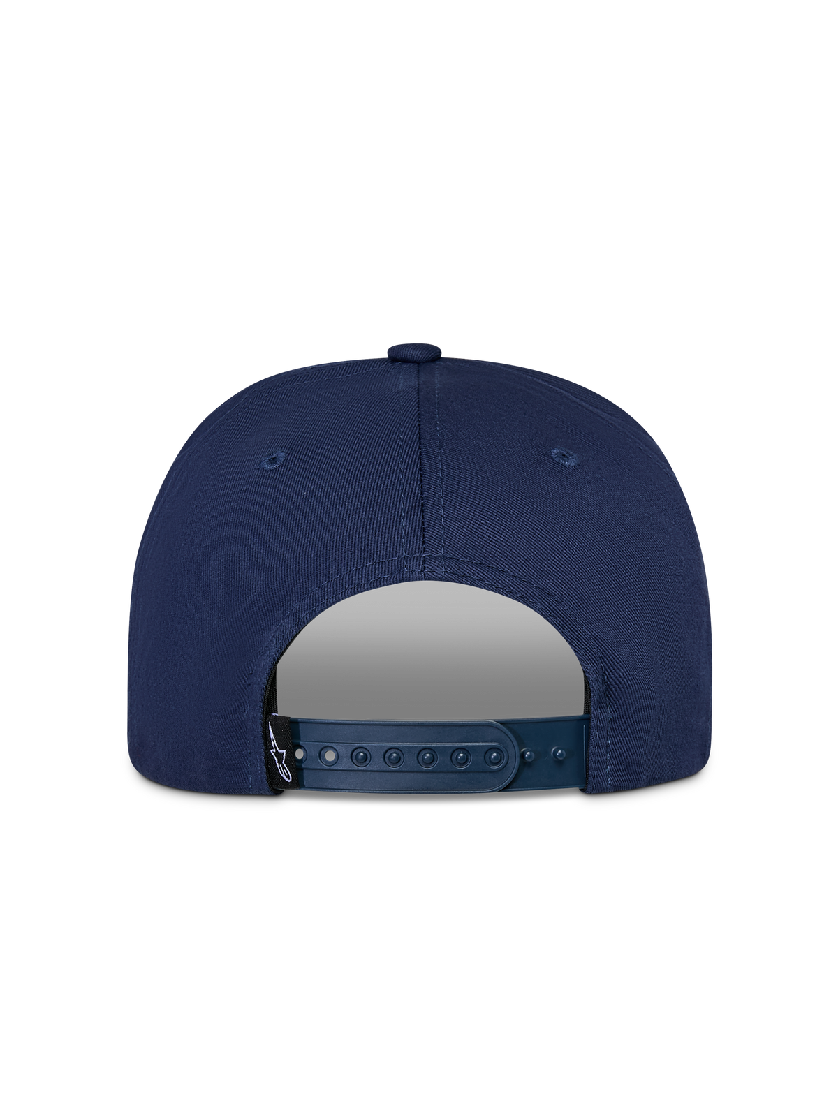 Gorra Snapback Thickness de Alpinestars, azul marino, vista trasera con cierre ajustable a presión y pequeña etiqueta negra con el logo de Astars, construcción de sarga de algodón estructurada