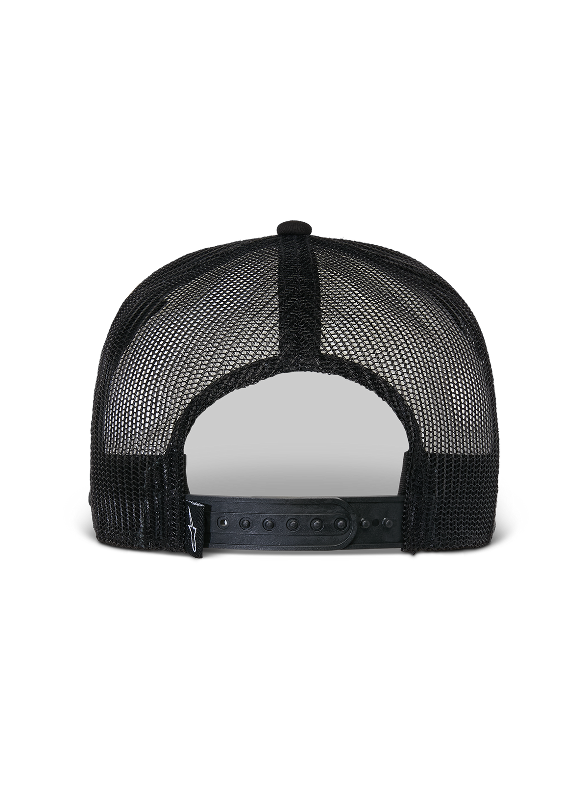 Gorra Alpinestars Flag Flat Trucker, negra, vista trasera que muestra la construcción de malla de poliéster transpirable, cierre ajustable snapback y pequeño detalle de logotipo tejido, gorra casual de motorsport