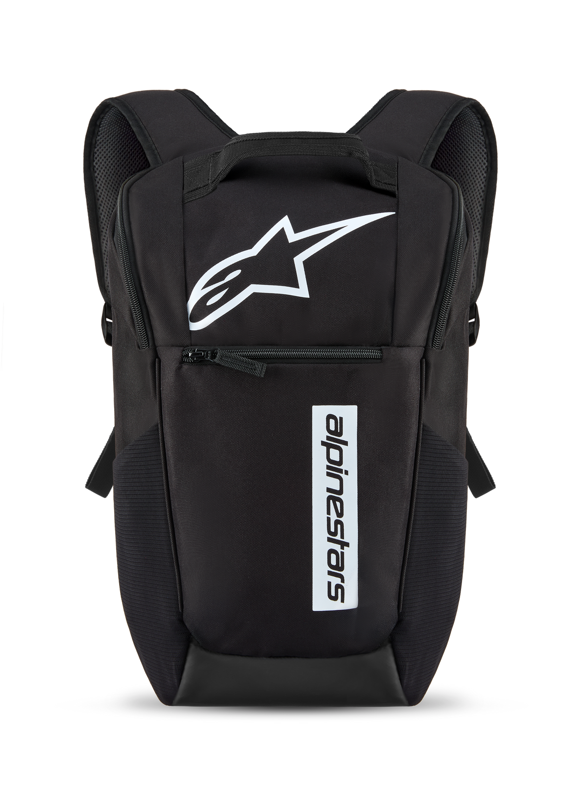 Mochila Alpinestars Defcon V3, negro y blanco, mochila diaria de tamaño pequeño con logo de estrella blanca y marca denominativa vertical, bolsillo frontal con cremallera, correas para los hombros acolchadas, material de poliéster 600D duradero