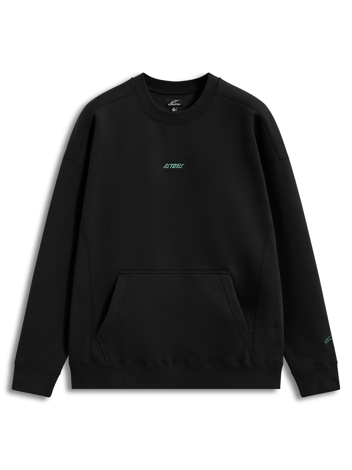 Alpinestars Guise Oversized Crew, sudadera negra de ajuste holgado, logo turquesa y bolsillo canguro