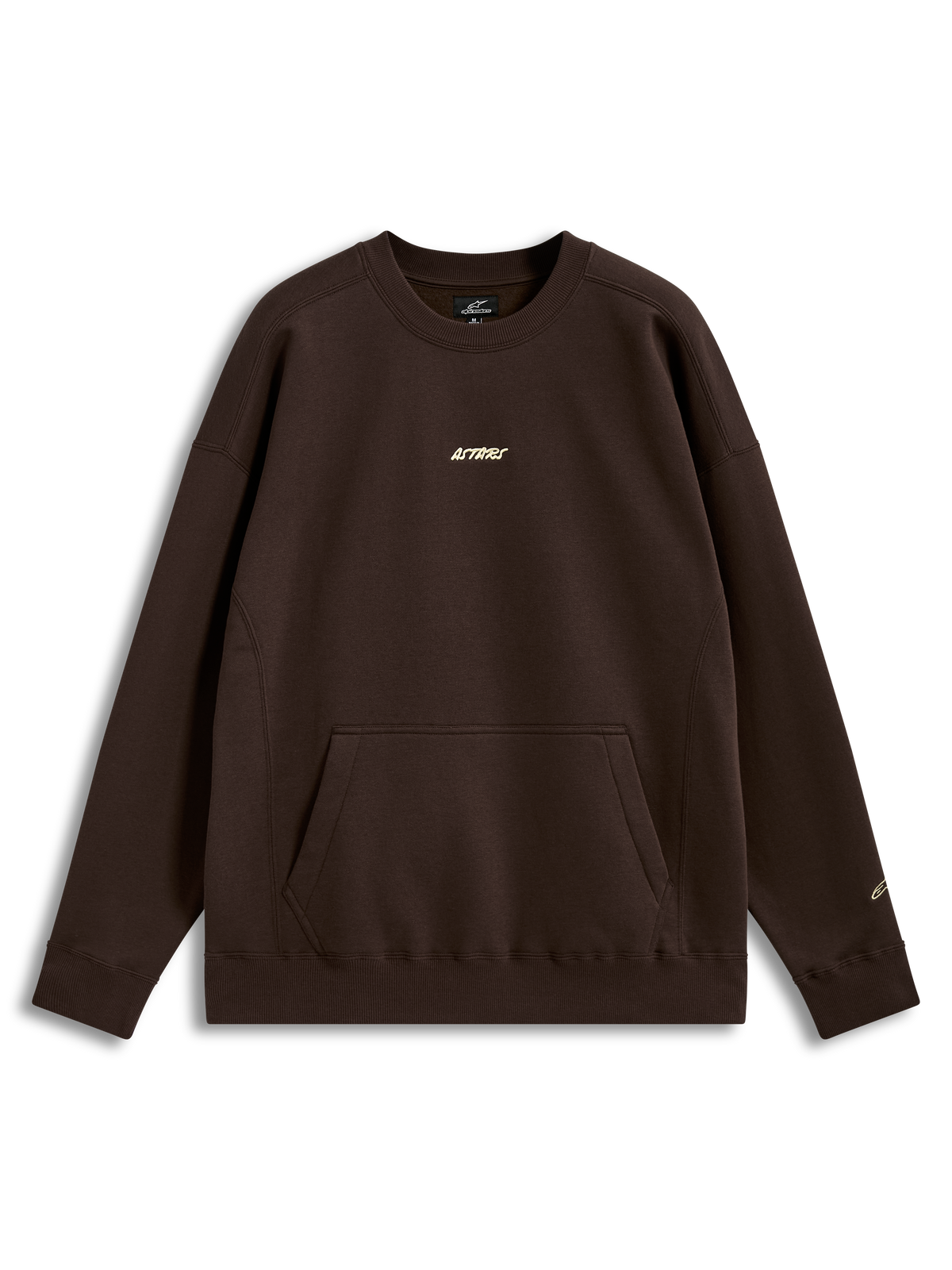 Alpinestars Guise Oversized Crew, sudadera marrón de forro polar, ajuste holgado, bolsillo canguro y logotipos Astars bordados