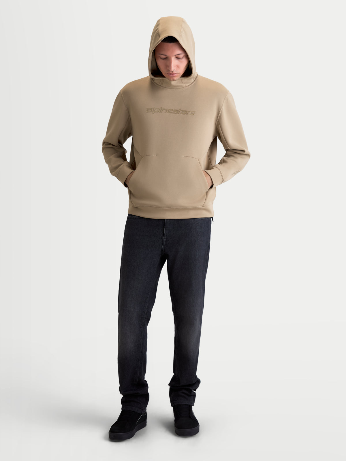 Alpinestars sudadera con capucha Datrix, pulóver sportswear unisex, color beige, con forro polar de doble cara, capucha forrada de malla, logotipo tonal en el pecho y bolsillo con detalle de pliegue.
