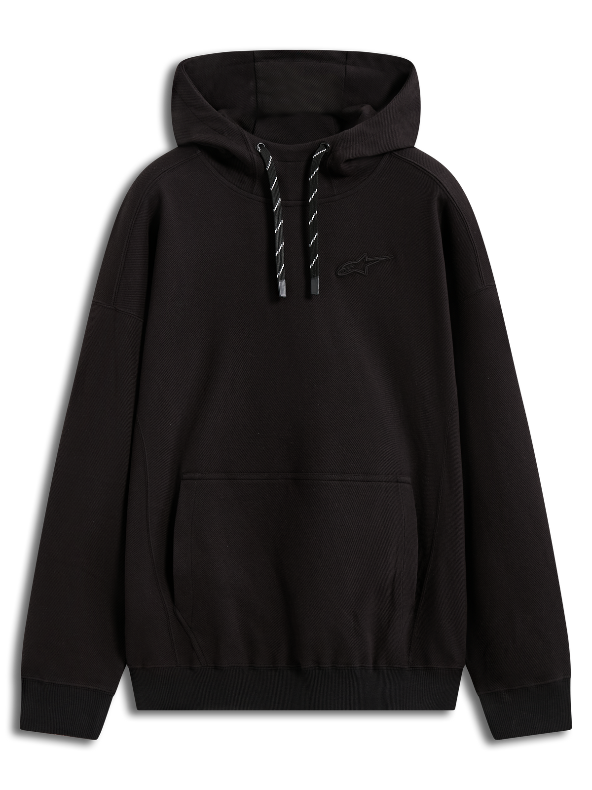 Alpinestars Camino Textured Oversized Hoodie, sudadera negra de forro polar texturizado con logo 3D, bolsillo canguro y cordón bicolor, estilo deportivo oversize.