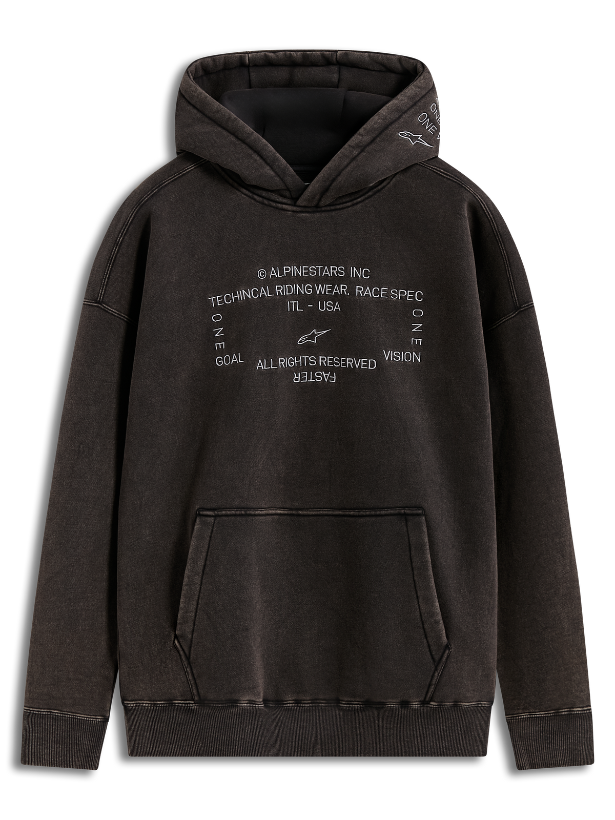 Alpinestars Infinite Washed Oversized Hoodie, sudadera con capucha, negro lavado, forro polar efecto nieve con logos racing