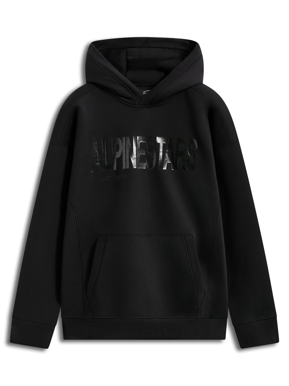 Alpinestars Shaw Oversized Hoodie, sudadera de forro polar negra con ajuste holgado, logotipo texturizado y bolsillo canguro.