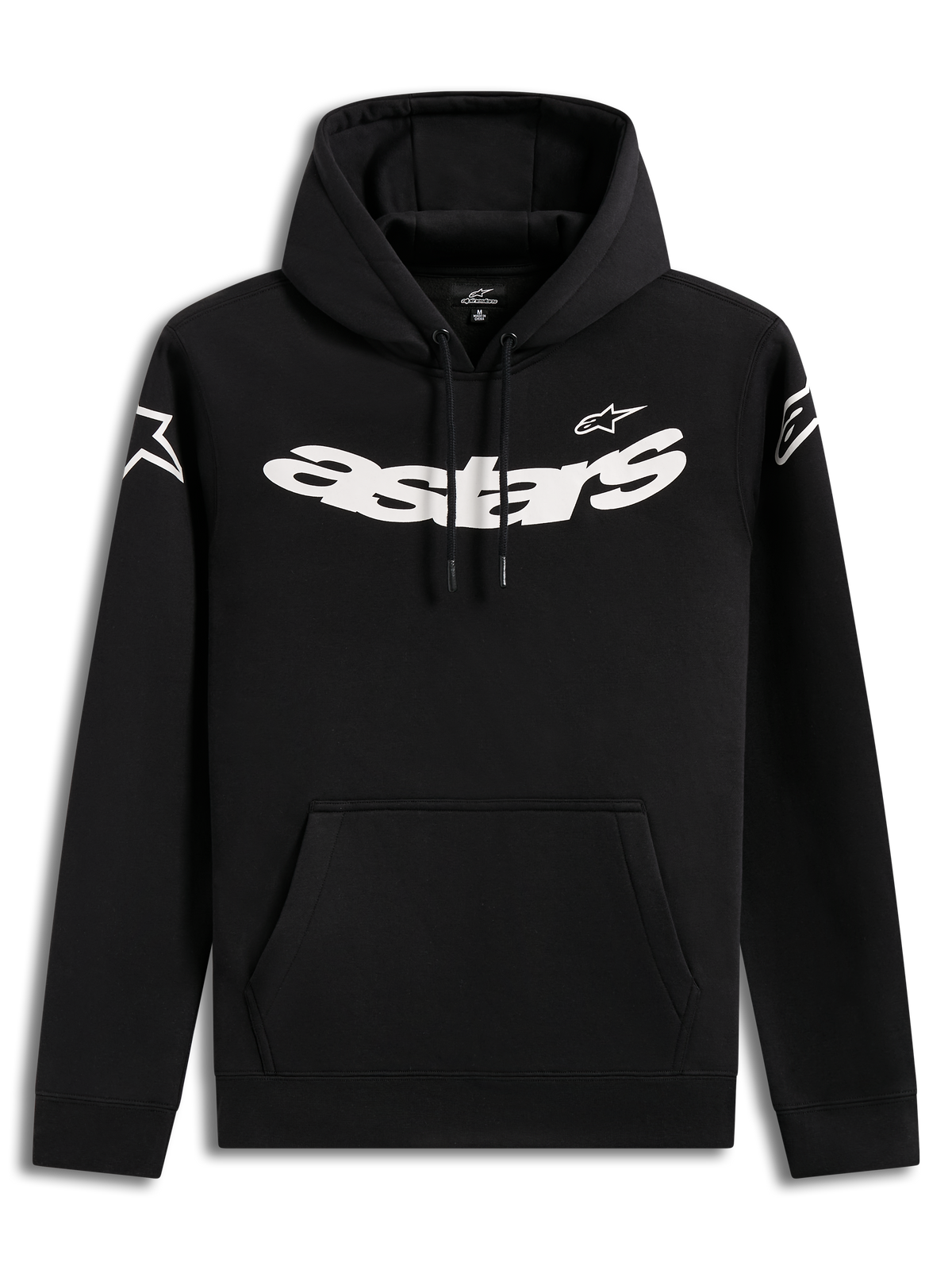 Alpinestars Velocifier Hoodie, sudadera con capucha negra para hombre, con gráficos blancos en el pecho y bolsillo frontal.
