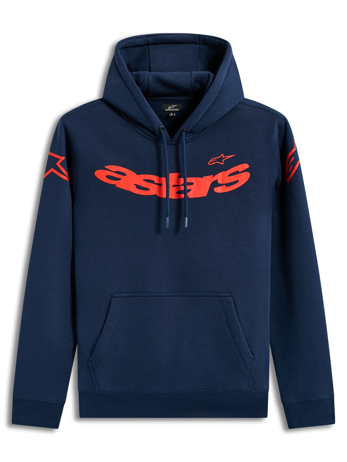 Alpinestars Velocifier Hoodie, sudadera con capucha de forro polar azul marino con logotipos Astars rojos, ropa deportiva.