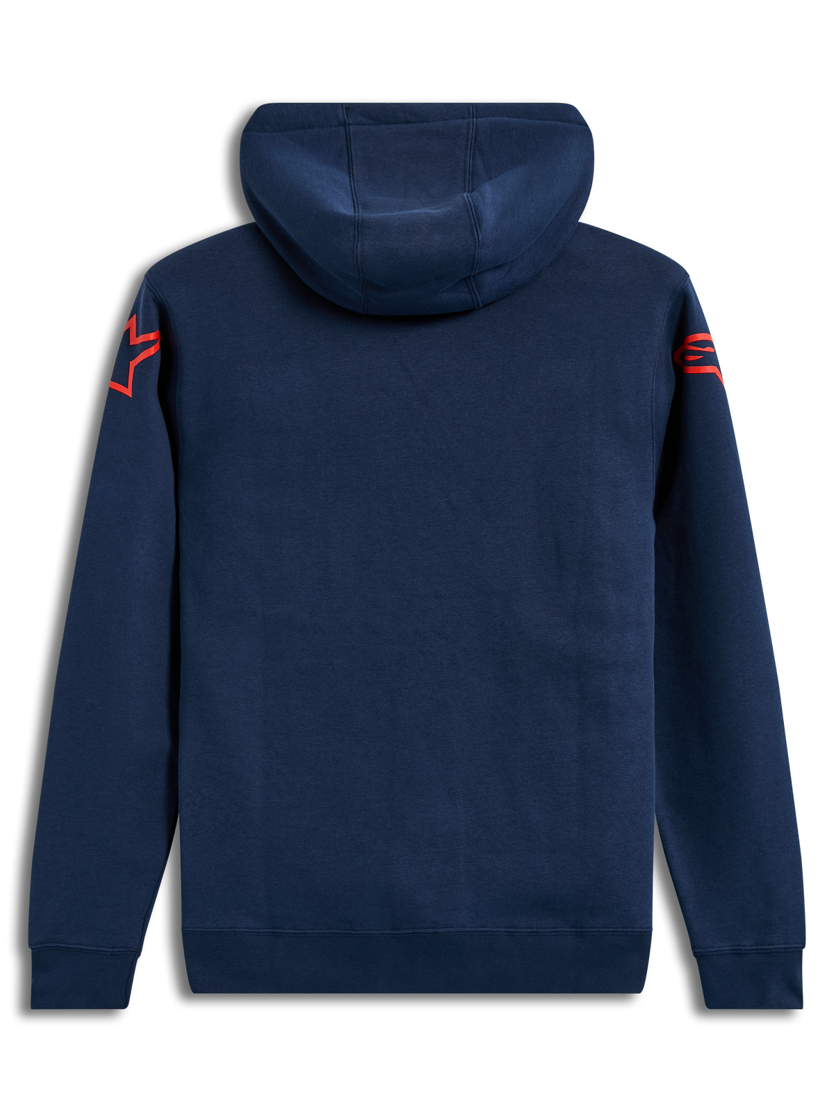 Alpinestars Velocifier Hoodie, sudadera de forro polar azul marino con logos Astars rojos, vista trasera.