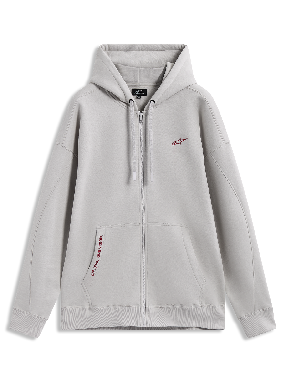 Alpinestars Pioneer Oversized Hoodie, sudadera con cremallera gris cemento, detalles rojos y bolsillo canguro.