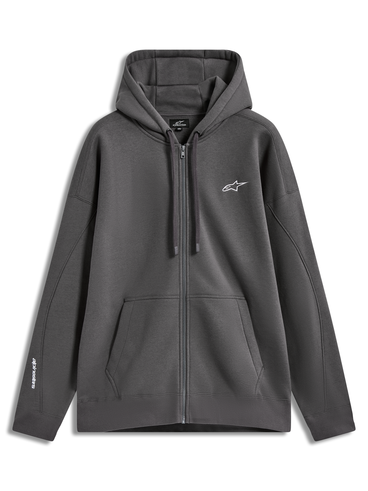 Alpinestars Entity Oversized Hoodie, sudadera gris carbón con cremallera, forro polar, logo bordado blanco y bolsillo canguro.