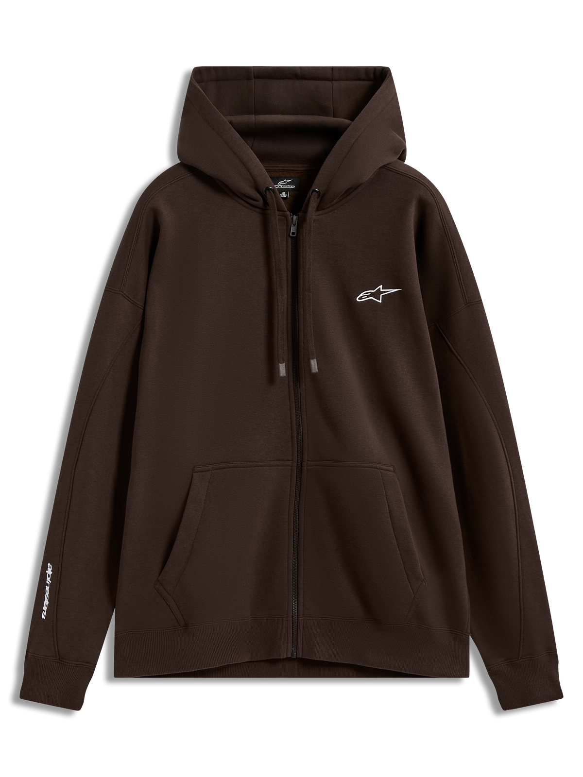 Alpinestars Entity Oversized Hoodie, sudadera marrón de forro polar con cremallera, logos blancos en el pecho y la manga