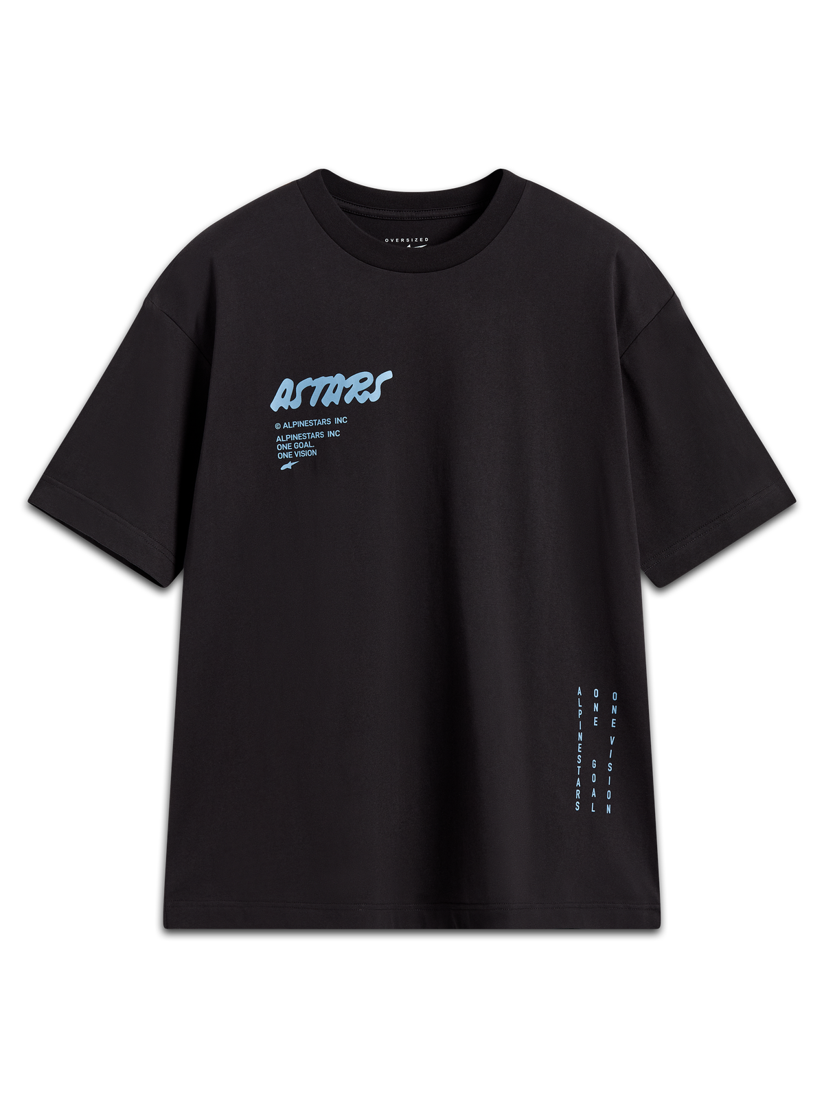 Alpinestars Chalk Oversized CSF Tee, camiseta negra de mangas cortas con marca lateral y logo Astars azul claro, casual