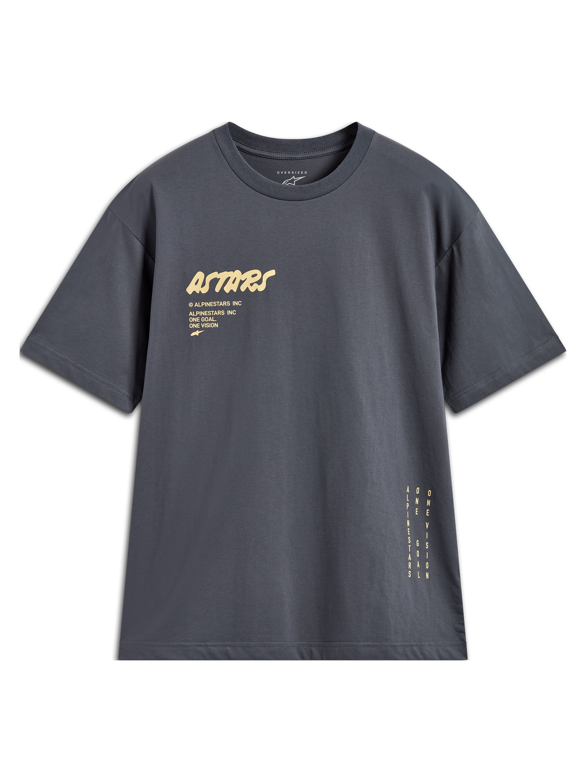 Alpinestars Chalk Oversized CSF Tee, camiseta gris carbón de mangas cortas con logotipo Astars y branding vertical lateral