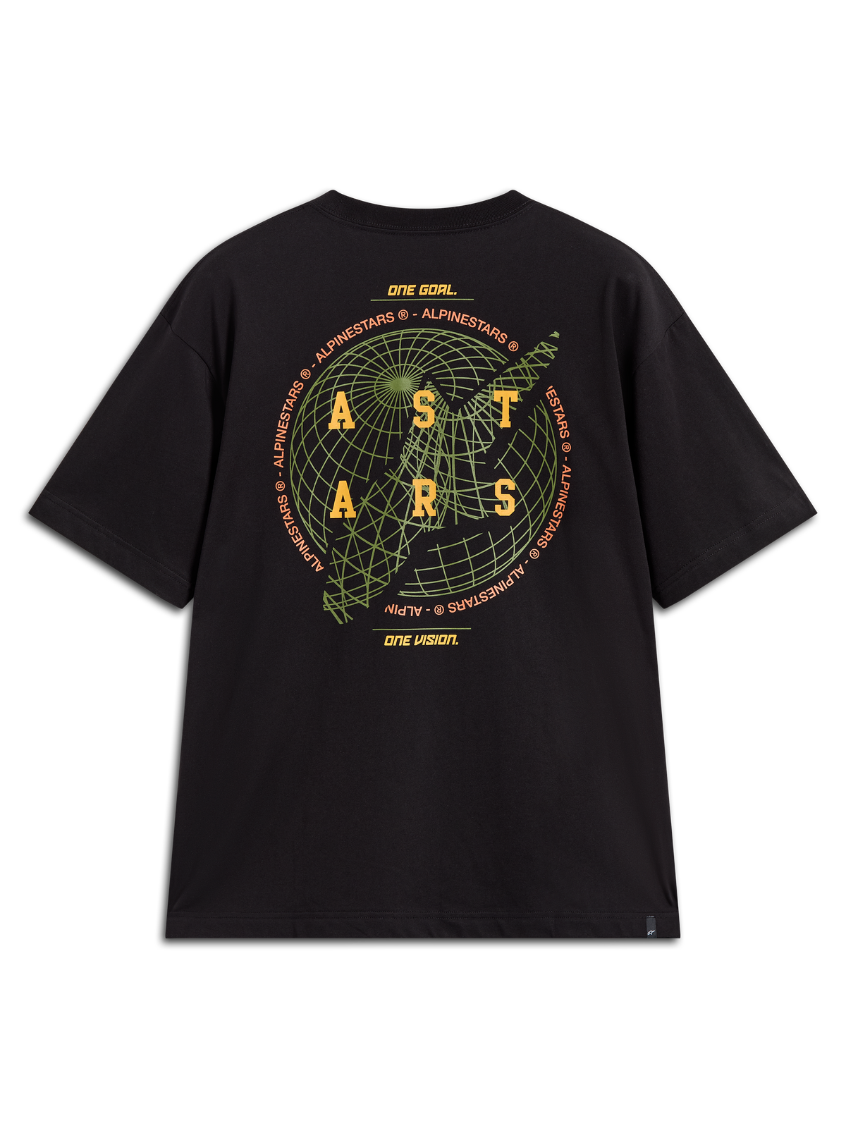 Alpinestars Latitude Oversized CSF Tee, camiseta negra de mangas cortas, gráfico de globo verde y logo amarillo en la espalda