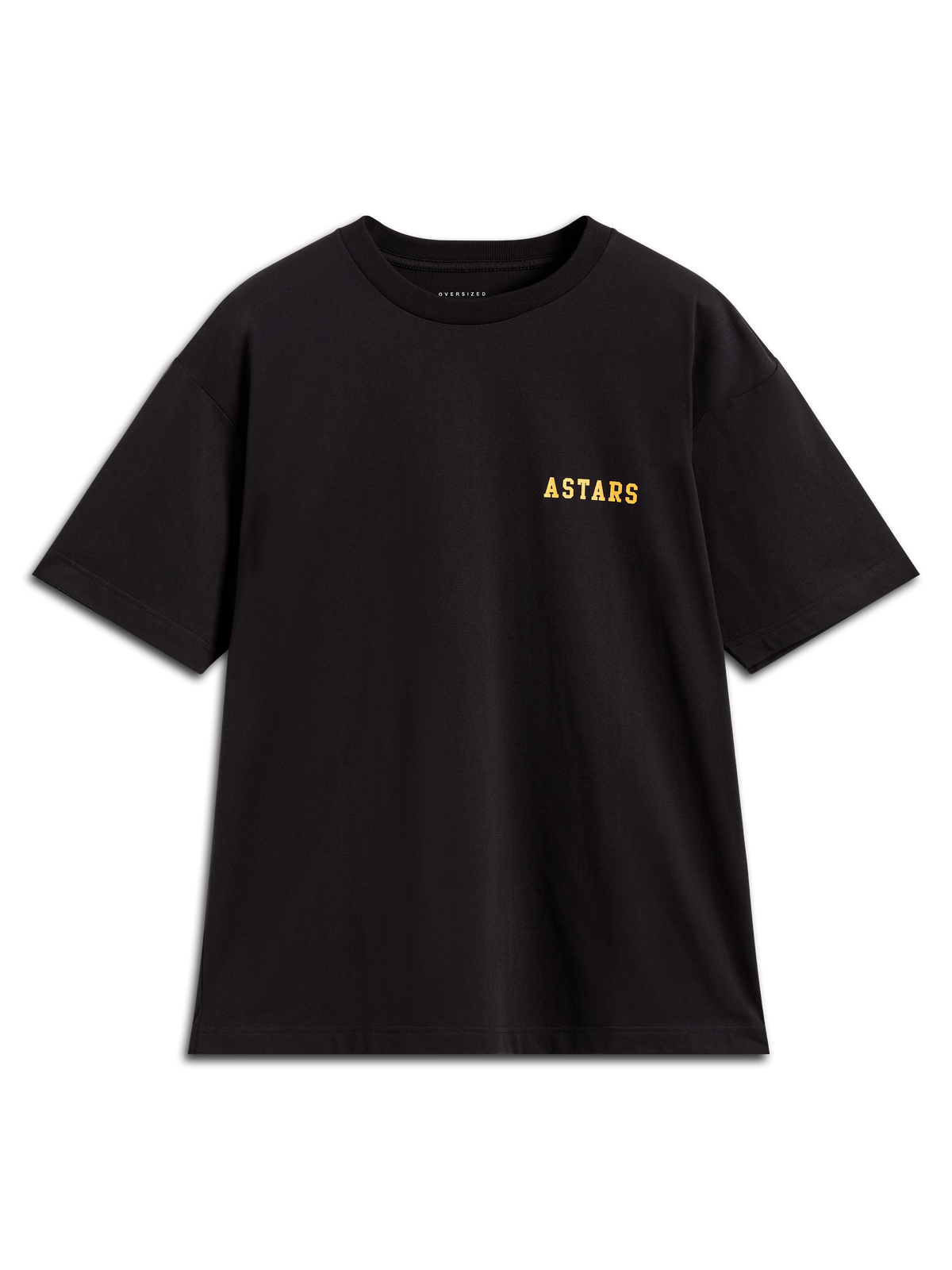 Alpinestars Latitude Oversized CSF Tee, camiseta negra de mangas cortas, logo Astars amarillo, ajuste holgado y estilo casual