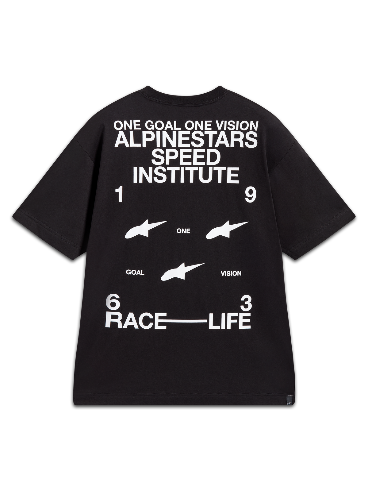 Alpinestars Institute Oversized CSF Tee, camiseta negra de mangas cortas con gráficos blancos de carreras en la espalda.