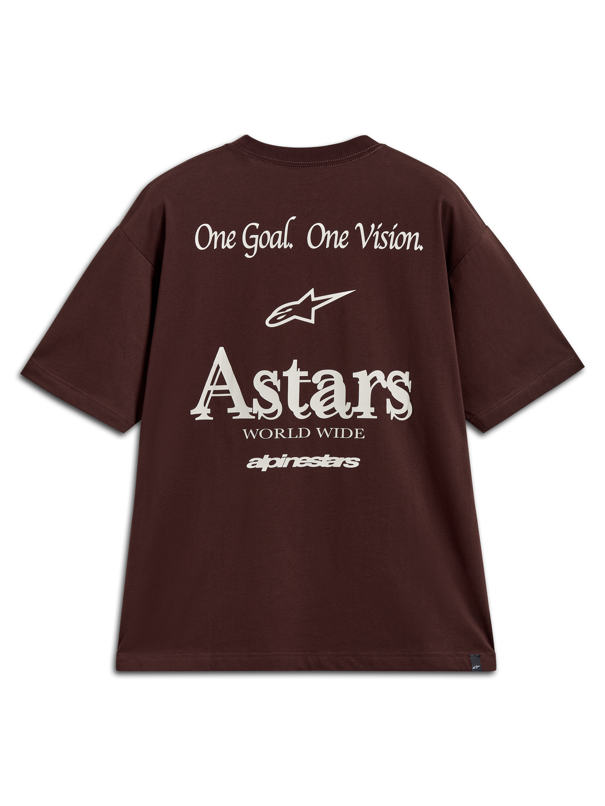 Alpinestars Post Oversized CSF, camiseta de mangas cortas marrón oscuro con el logo Astars blanco y gráficos de One Goal One Vision en la espalda.