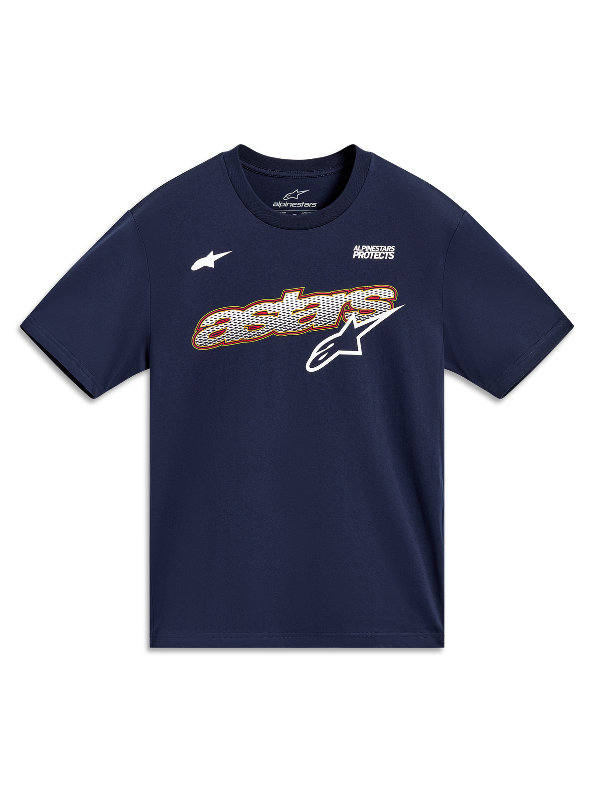 Alpinestars Cypress CSF Tee, camiseta de mangas cortas, azul marino, gráfico Astars con relleno de malla y lema Alpinestars Protects, ropa casual deportiva