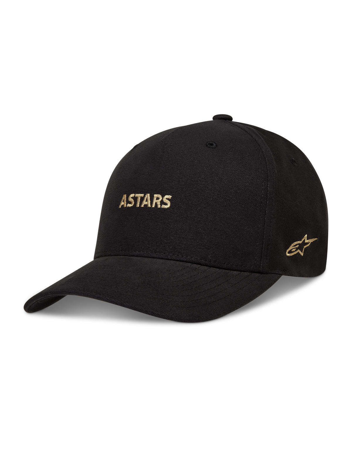 Alpinestars County Canvas, gorra negra con visera curva y logotipo Astars bordado en color dorado.