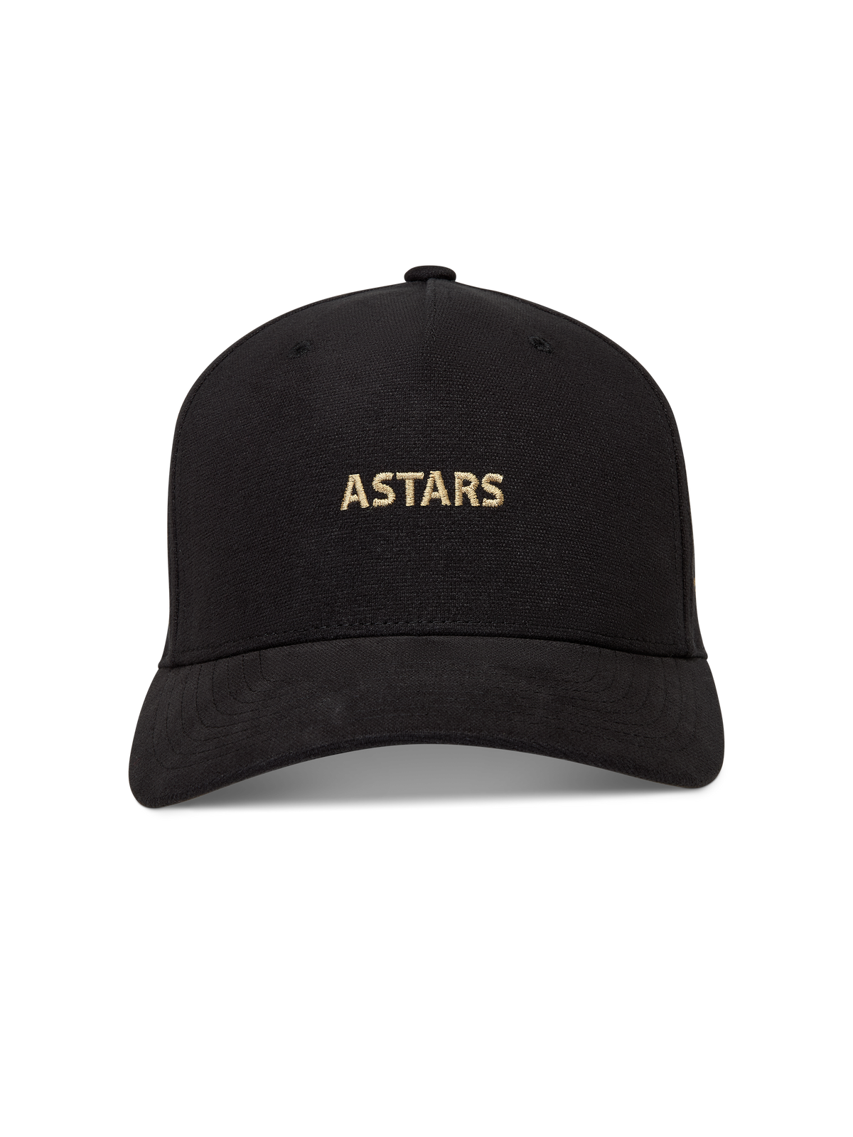 Alpinestars County Canvas, gorra negra de visera curva con logo ASTARS bordado en dorado y corona estructurada.