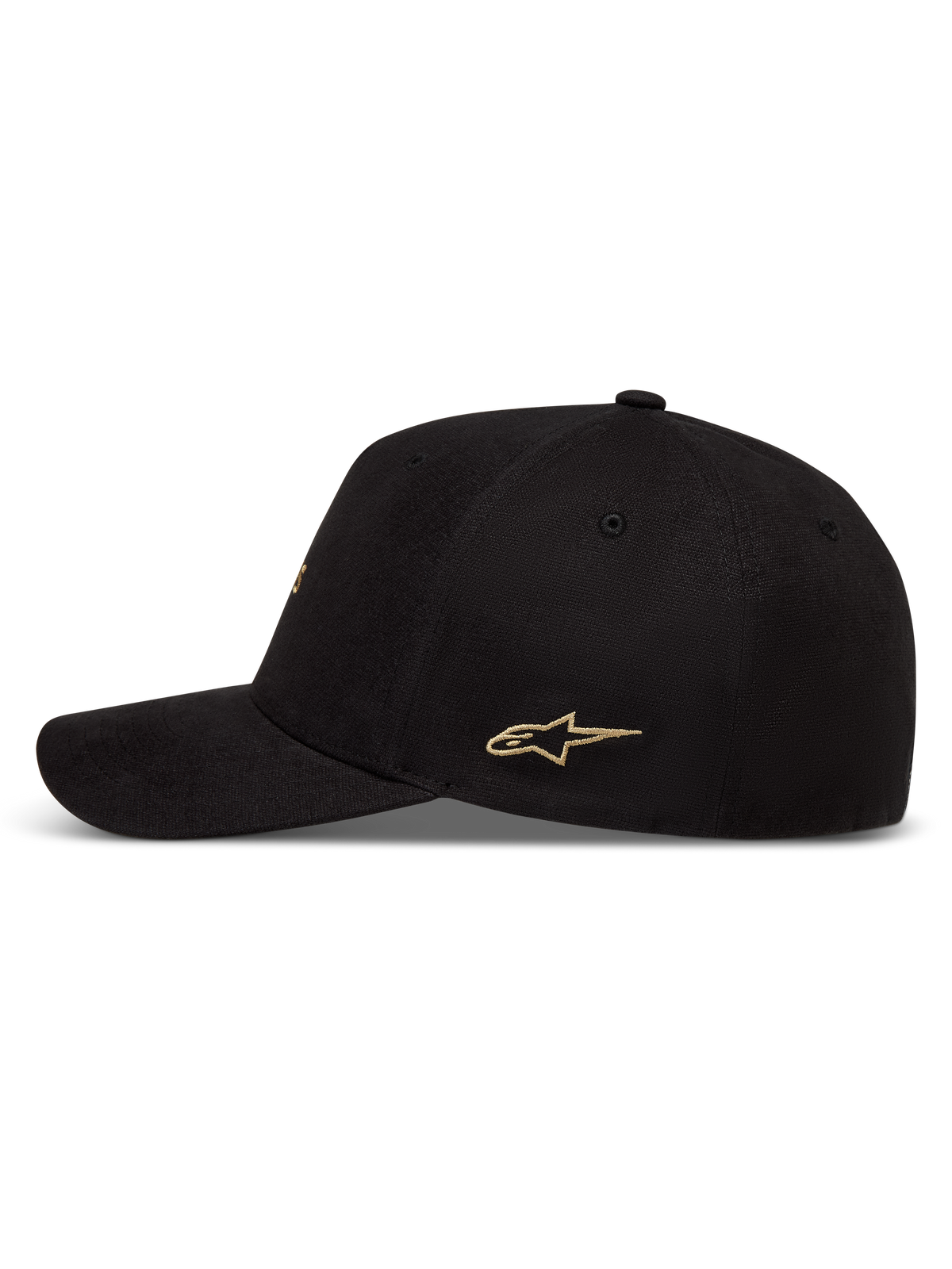 Alpinestars County Canvas Gorro, gorra negra con visera curva y logo dorado bordado en el lateral.