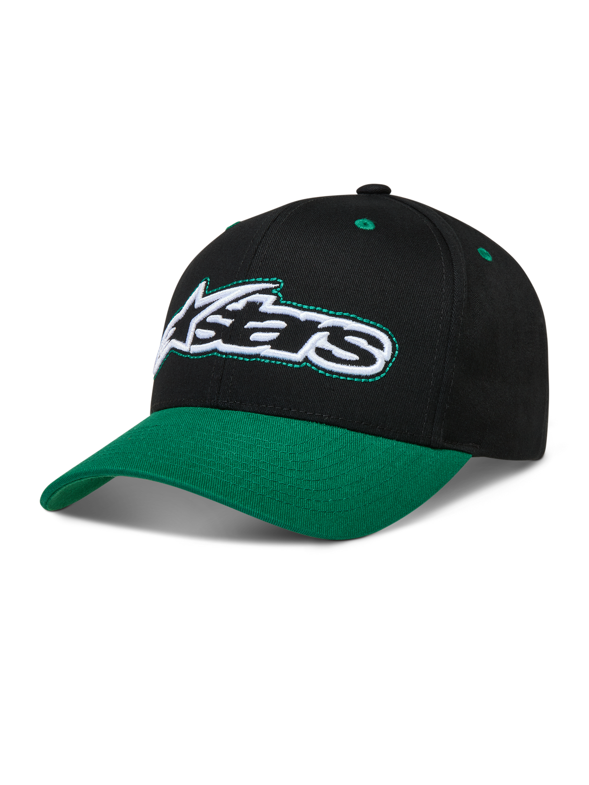 Alpinestars Retro Snapback Gorro, gorra negra y verde con visera curva y logotipo Astars bordado
