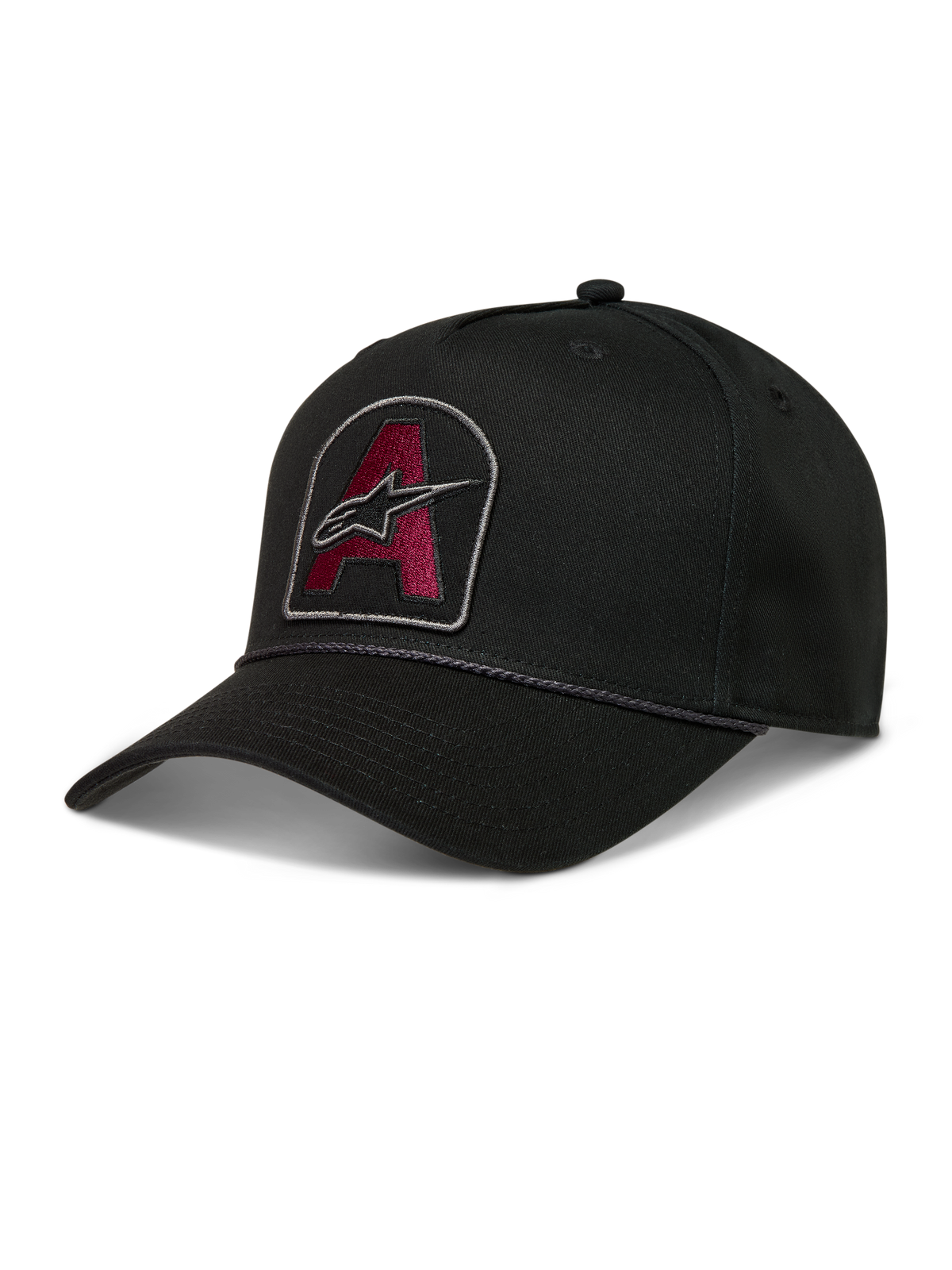 Alpinestars Acme Snapback, gorra de sarga negra con parche bordado granate, visera curva y ribete de cuerda