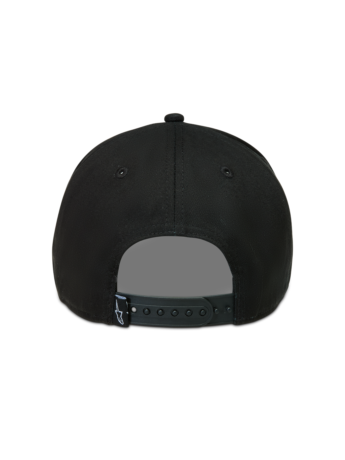 Alpinestars Acme Snapback Gorro, gorra negra de sarga, vista posterior con cierre snapback ajustable y pequeña etiqueta con el logotipo de Astars, ropa deportiva