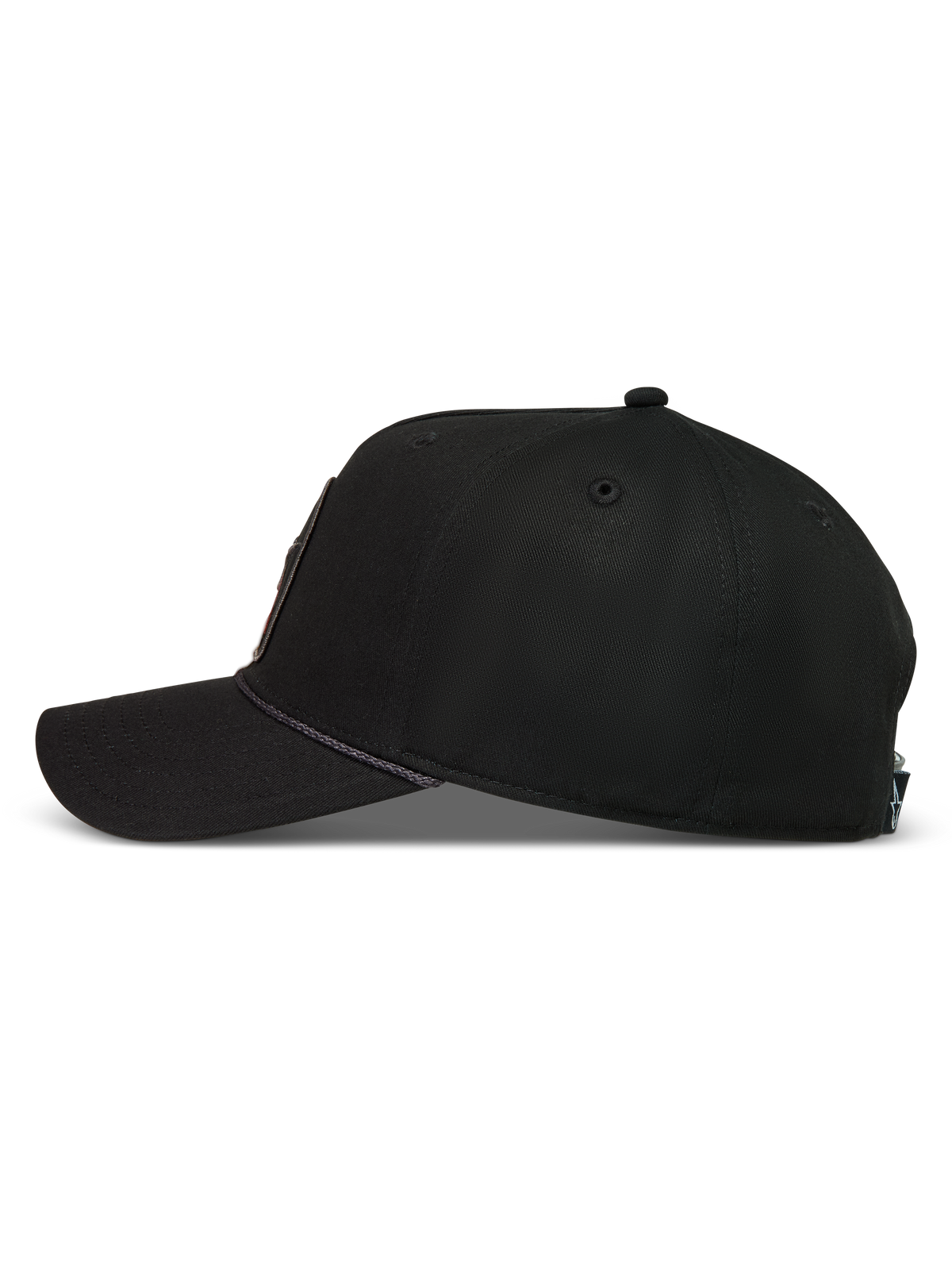 Alpinestars Acme Snapback, gorra deportiva negra de perfil con corona estructurada, visera curva y detalle de ribete de cuerda