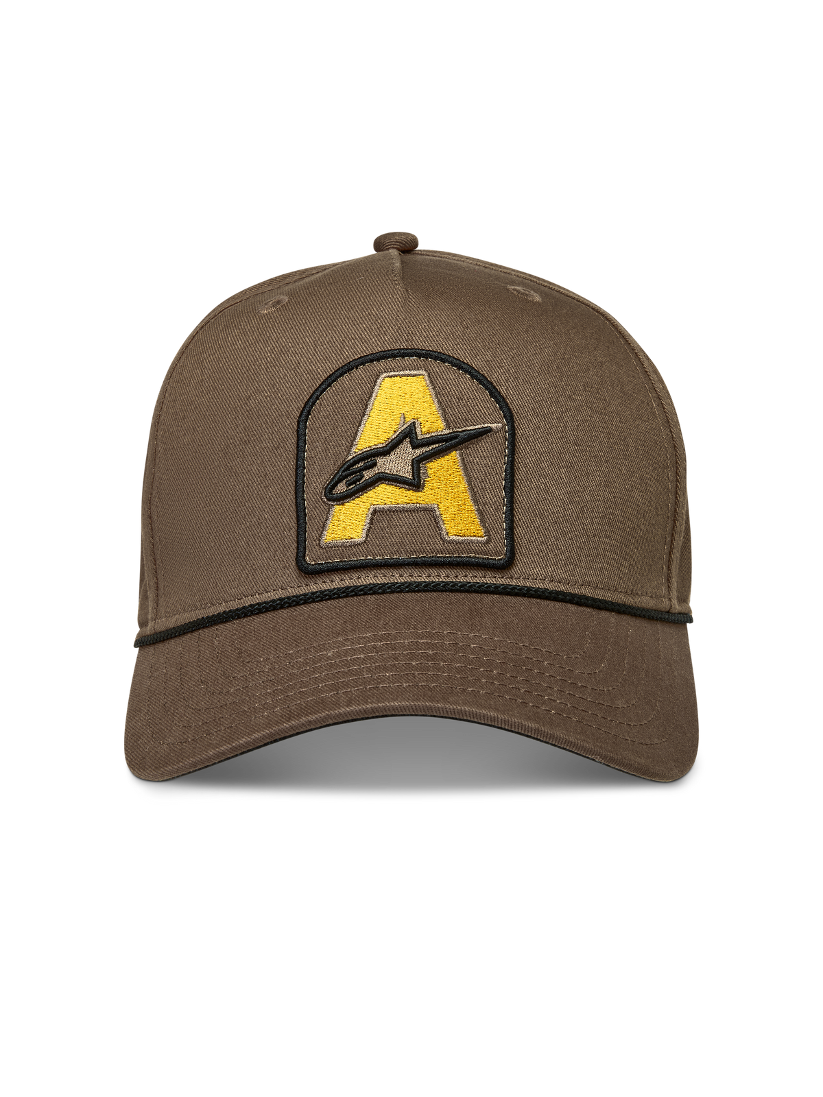 Alpinestars Acme Snapback Gorro, gorra de sarga marrón con parche de logotipo amarillo y detalle de cuerda negra