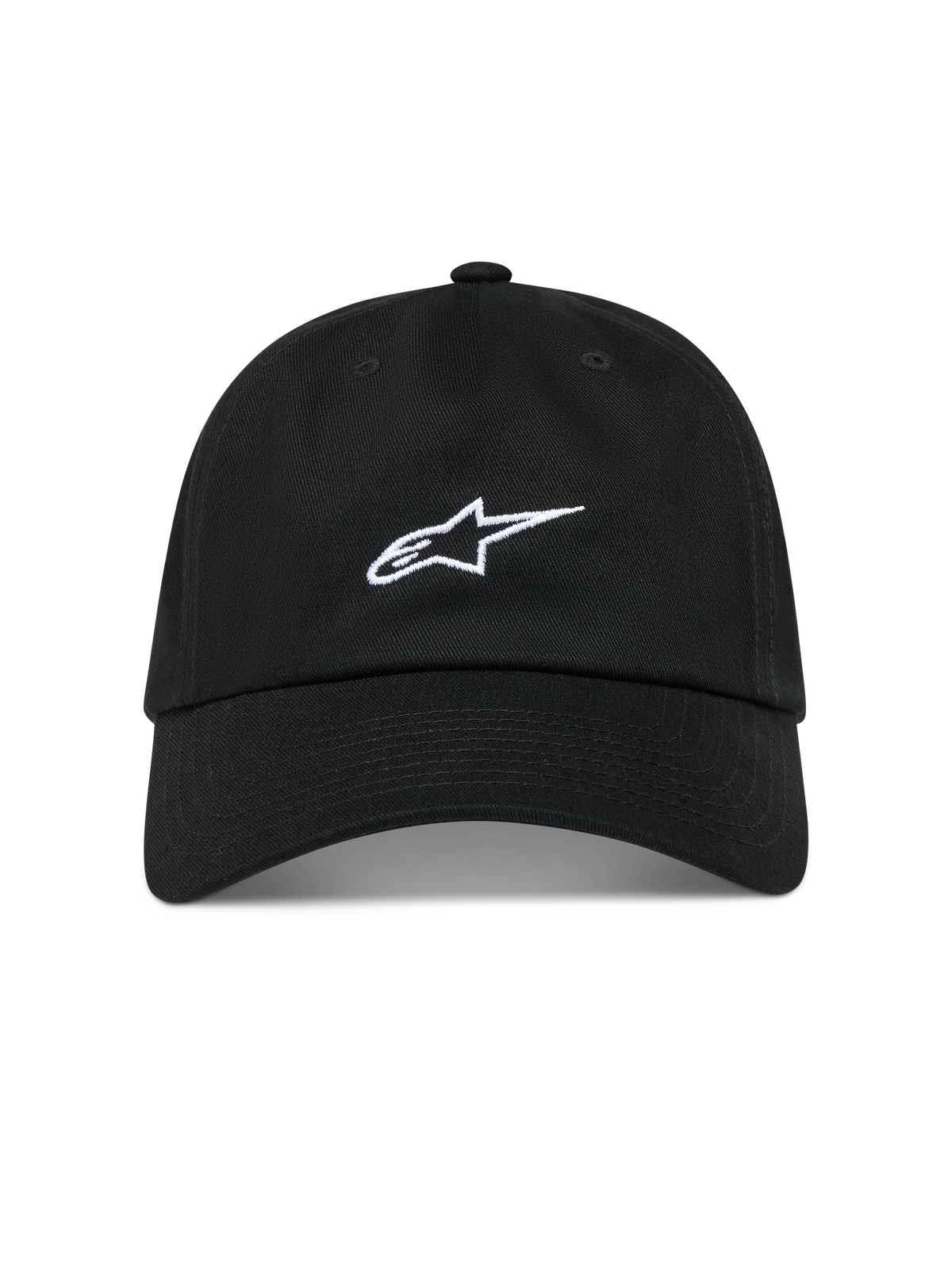 Alpinestars Dylan Dad Gorro, gorra negra de sarga con visera curva, logotipo Astars blanco y corona baja, ropa deportiva