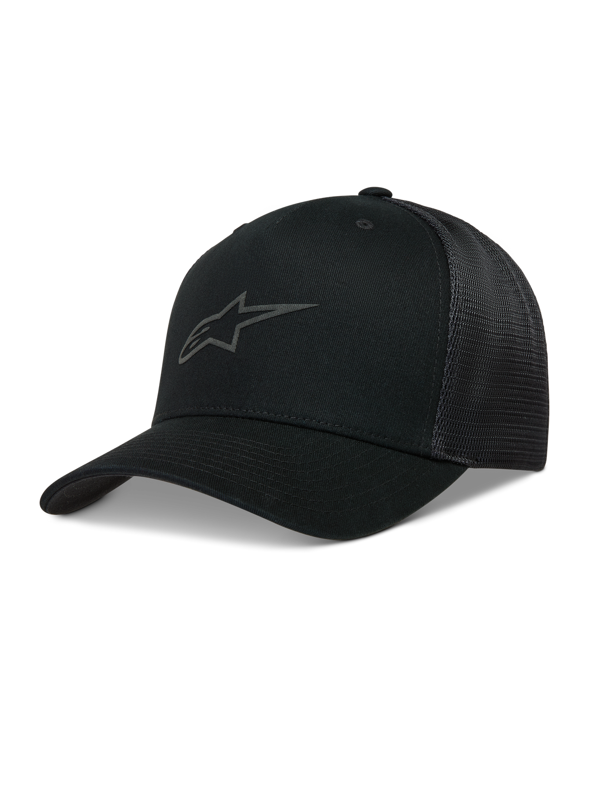 Alpinestars Augment, gorra negra con visera curva, frontal de sarga, malla de diamante y logotipo Astars en relieve