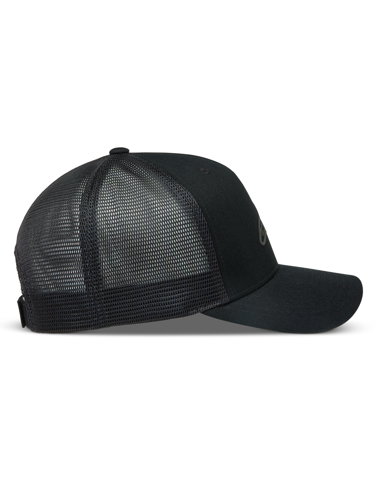 Alpinestars Augment, gorra negra con visera curva, corona estructurada, frontal de sarga y malla trasera de diamante.