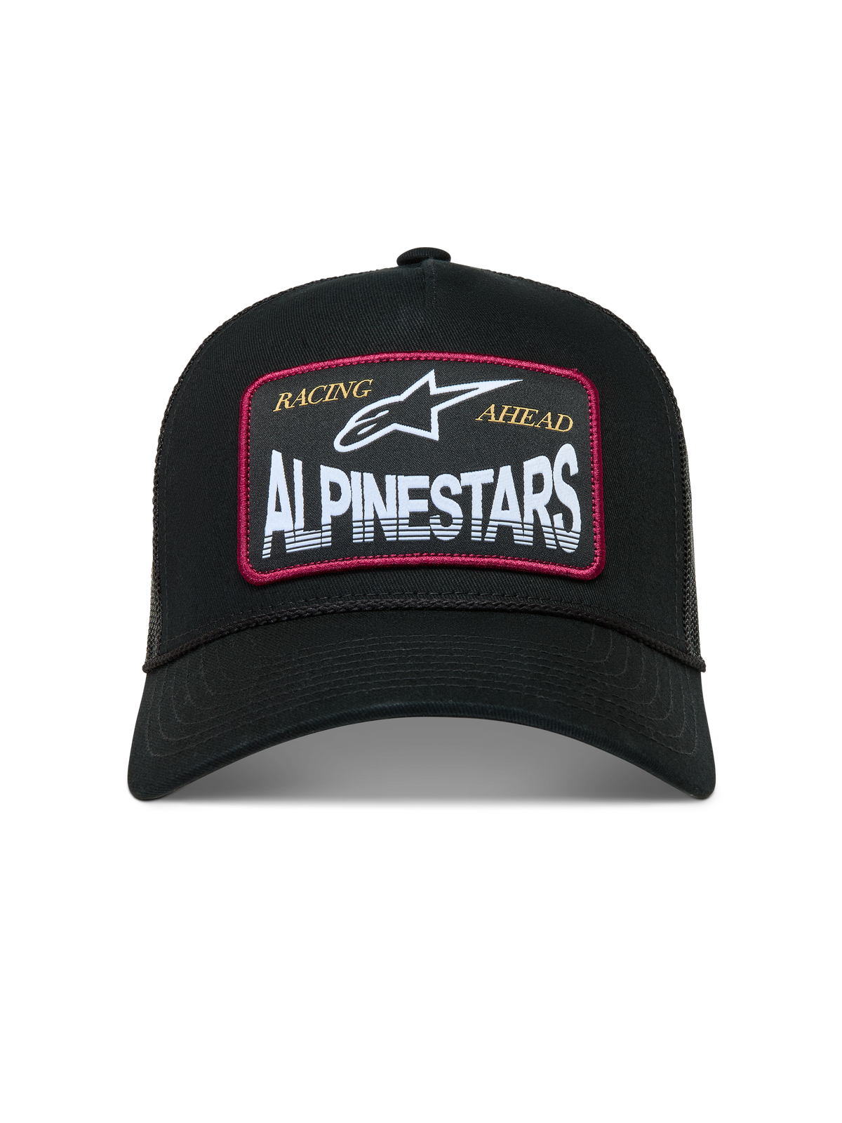 Alpinestars Hemmings, gorra negra tipo trucker con parche de logotipo blanco, detalles rojos y malla trasera transpirable.