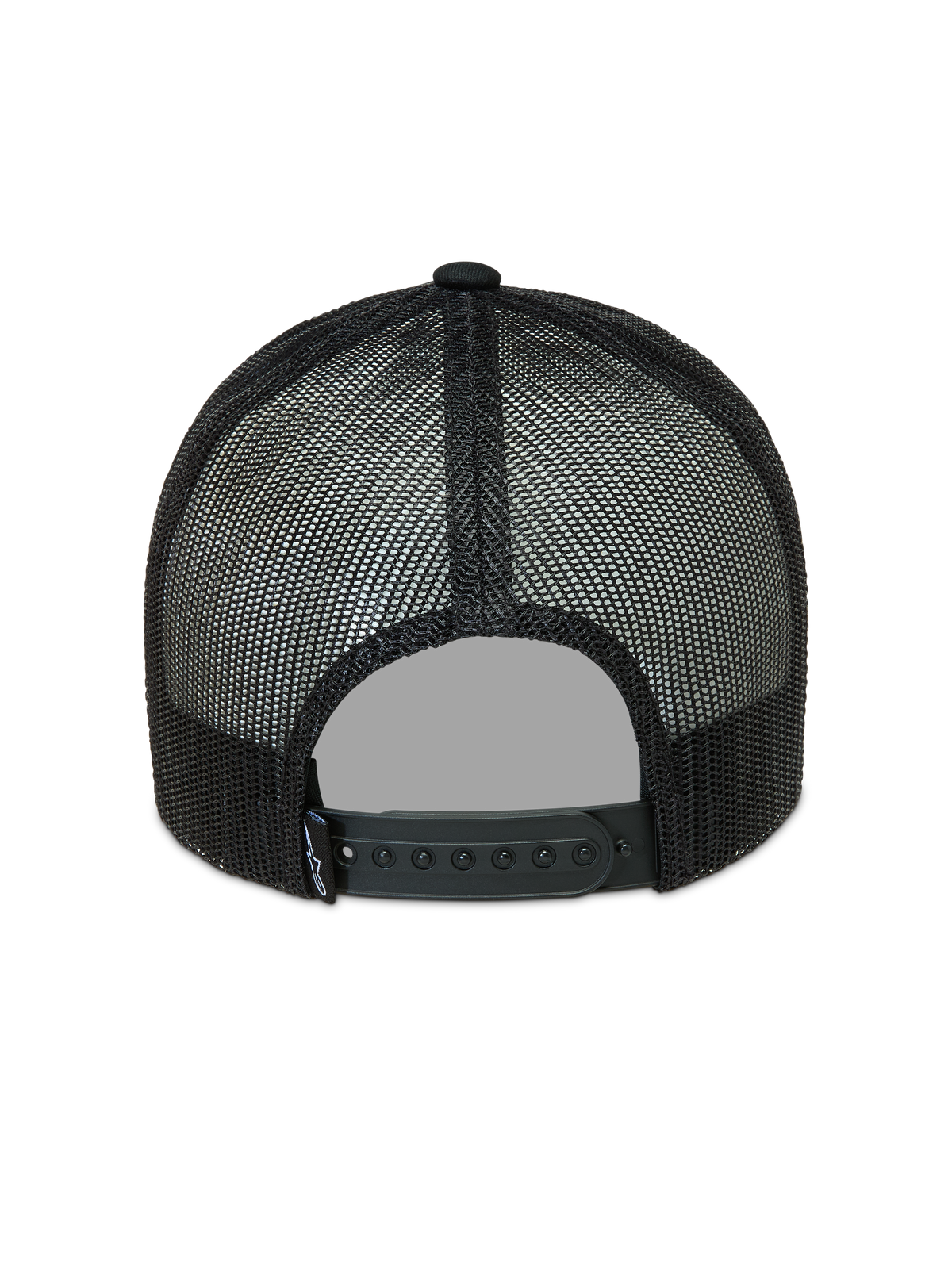 Alpinestars Hemmings, gorra negra tipo trucker, vista trasera con paneles de malla de poliéster transpirable y cierre ajustable a presión