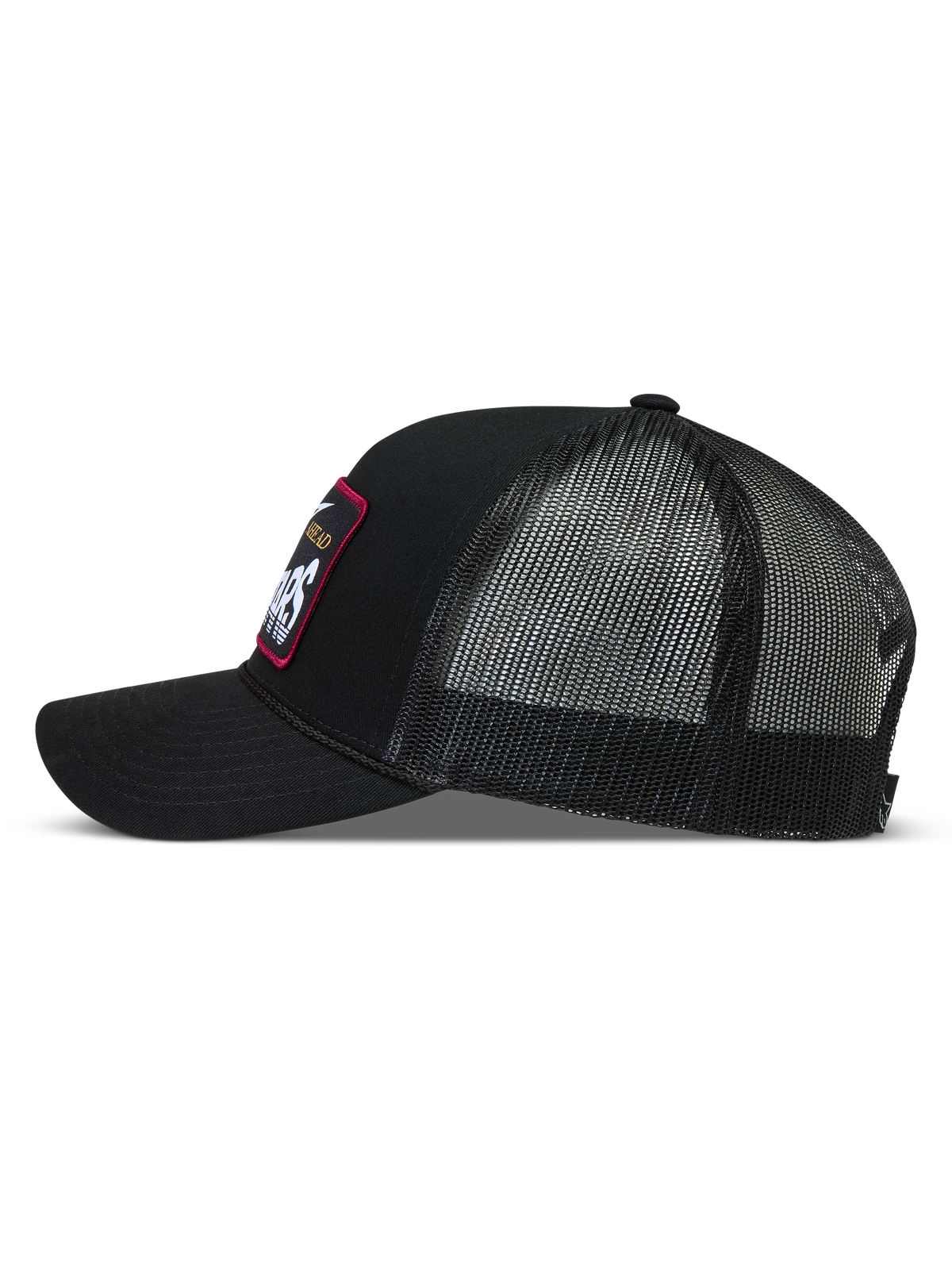 Alpinestars Hemmings, gorra negra tipo trucker de sarga y malla con parche de logotipo, perfil lateral