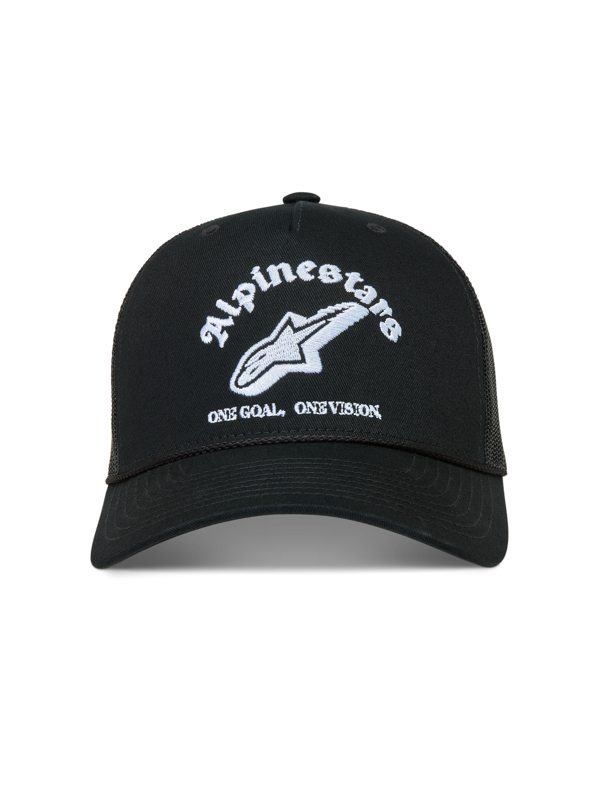 Alpinestars Baron, gorra de estilo trucker negra con logotipo bordado en blanco, visera curva y parte trasera de malla transpirable, ropa deportiva casual