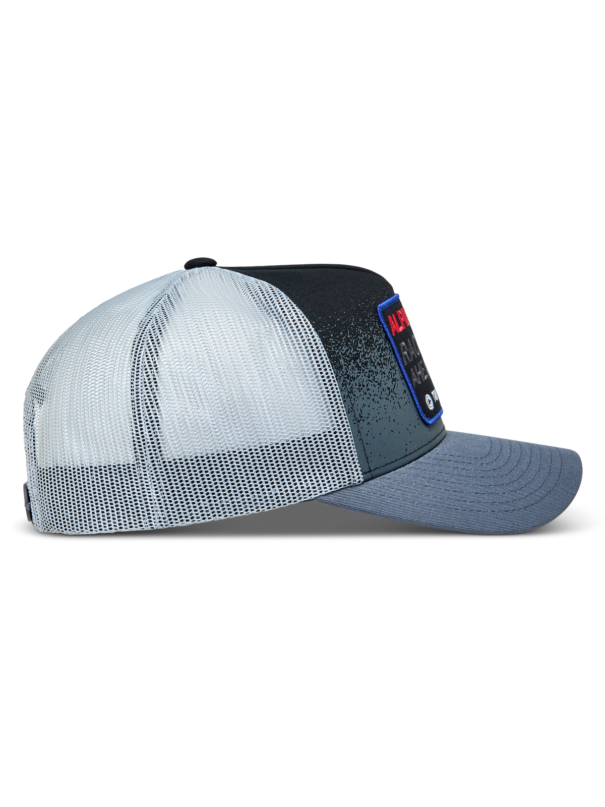 Alpinestars Gravel, gorra de estilo trucker gris y negra con malla blanca trasera y visera curva